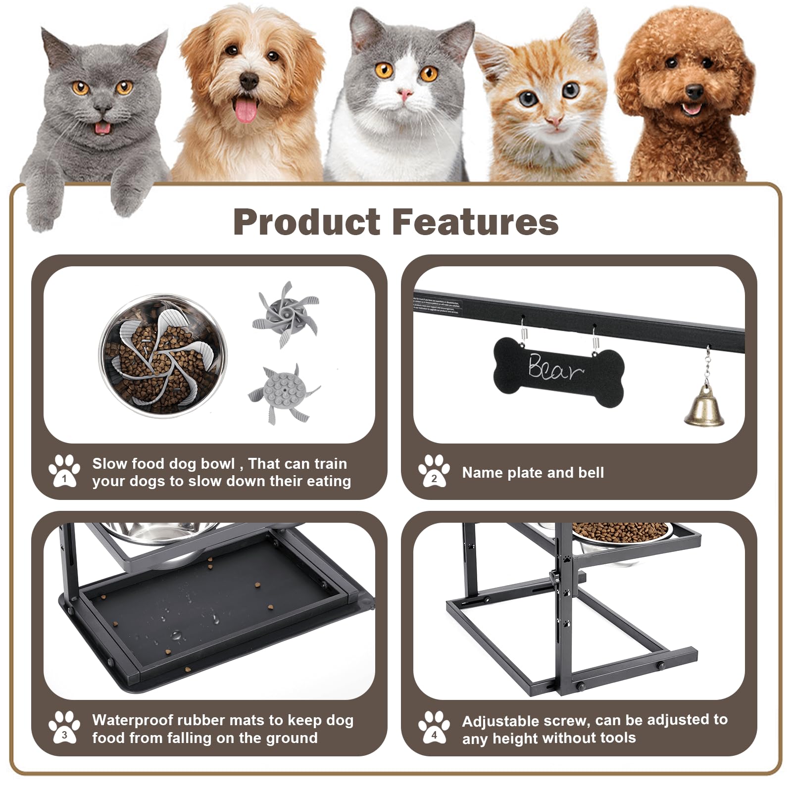 SHAINFUN Elevated Dog Bowls with Slow Feeder,Raised Dog Bowl Stand for Large Dogs Adjustable Height with Two 1700ML Stainless St