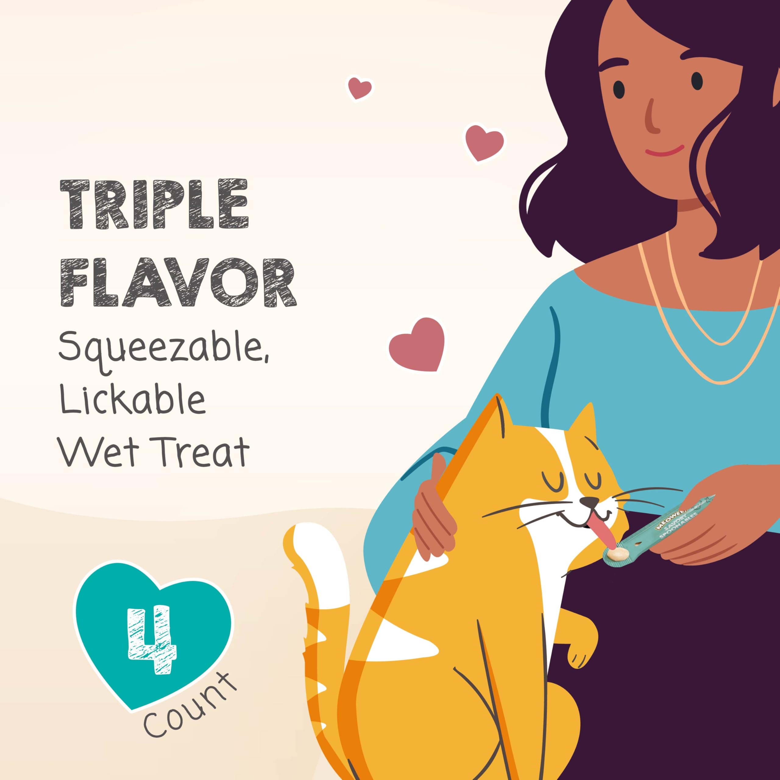 MEOWEE! Savory Spoonables with Real Duck, Beef and Rabbit for Cats, 4 Count, Treat Your Cat to Triple Flavor Squeezable Lickable