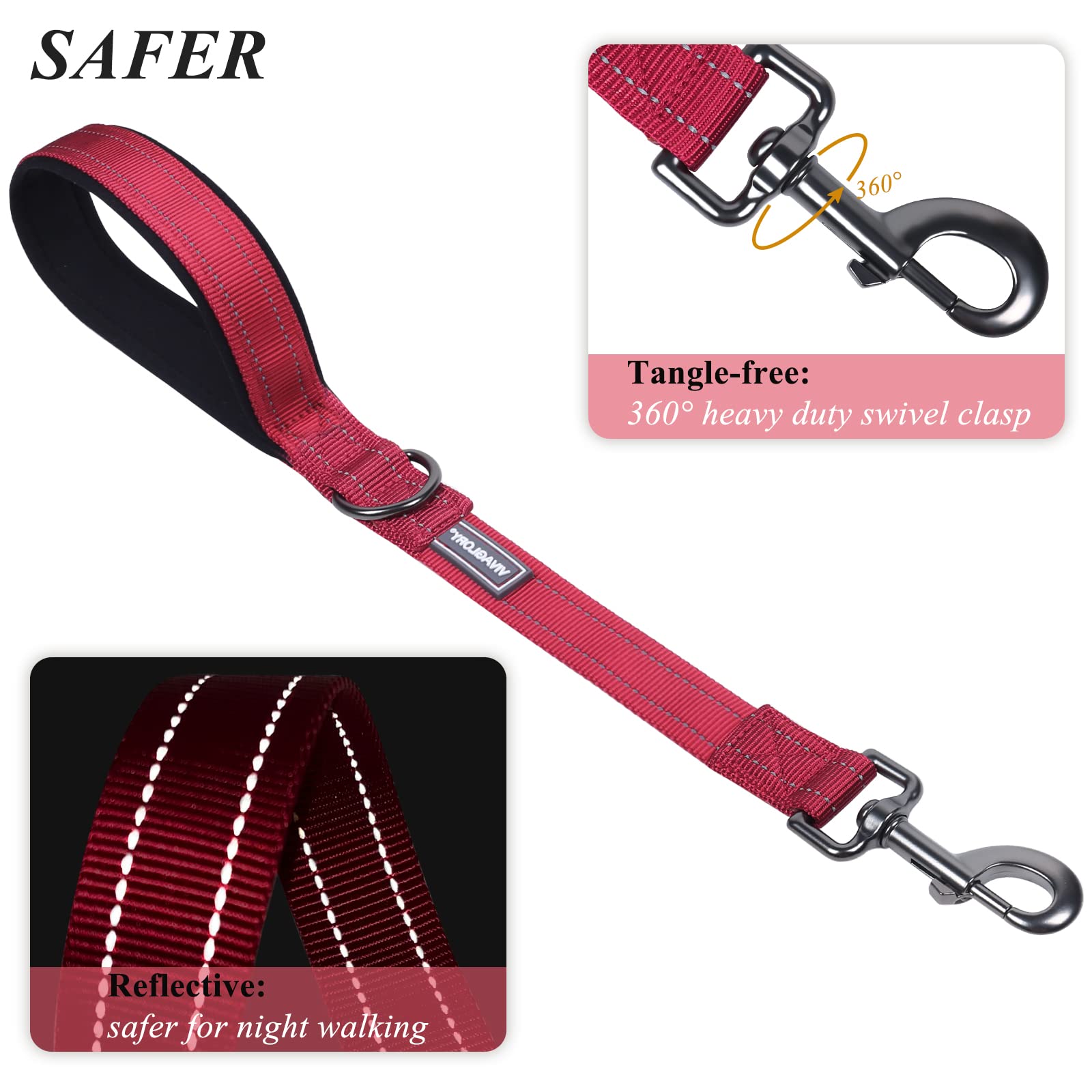 Vivaglory Short Traffic Leash For Medium & Large Dogs, 18Inch, Red