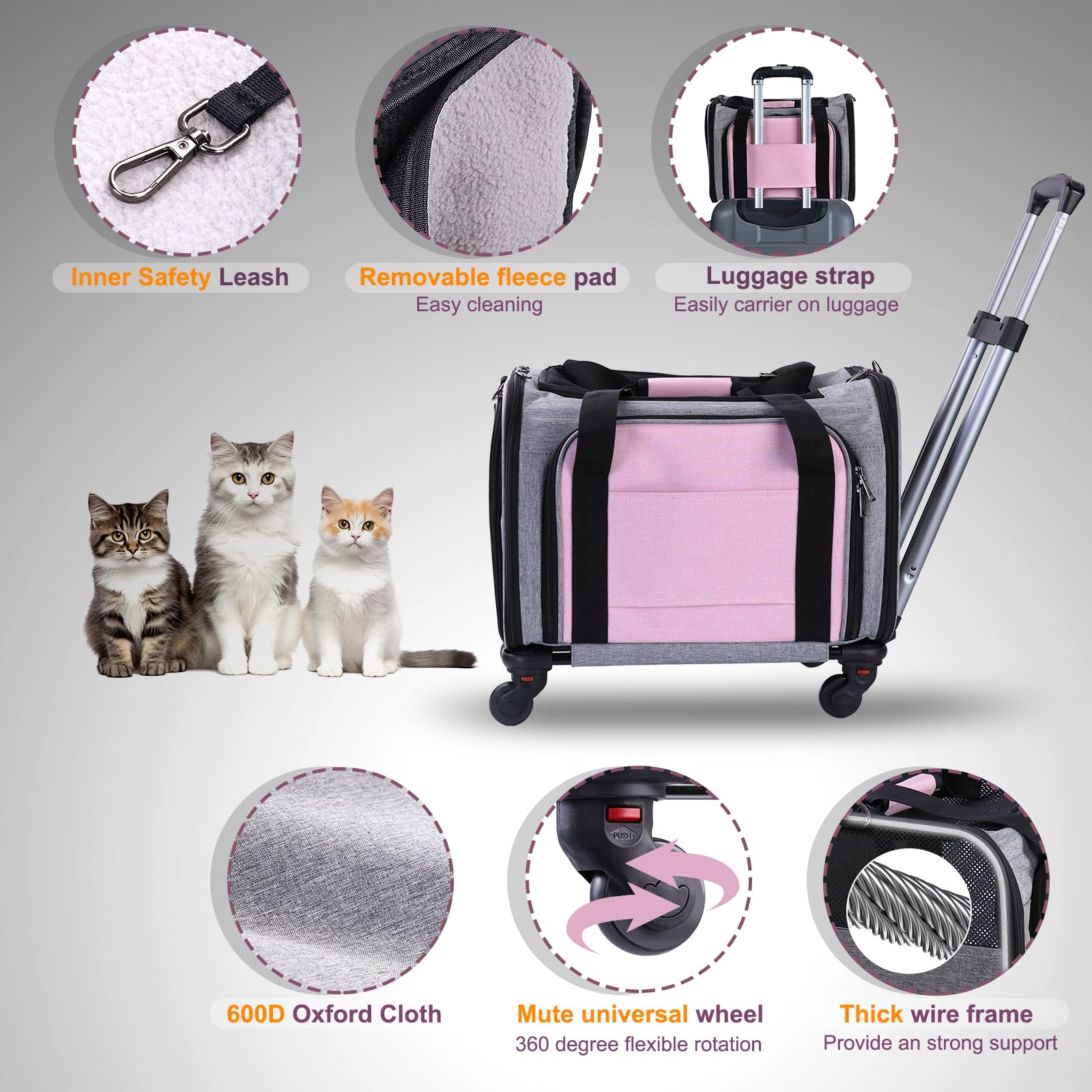 Pet Carrier Airline Approved On Wheels - Two Sided Expandable Cat Soft Carrier For Puppy And Cats Under 26Lbs, Rolling Cat Carri