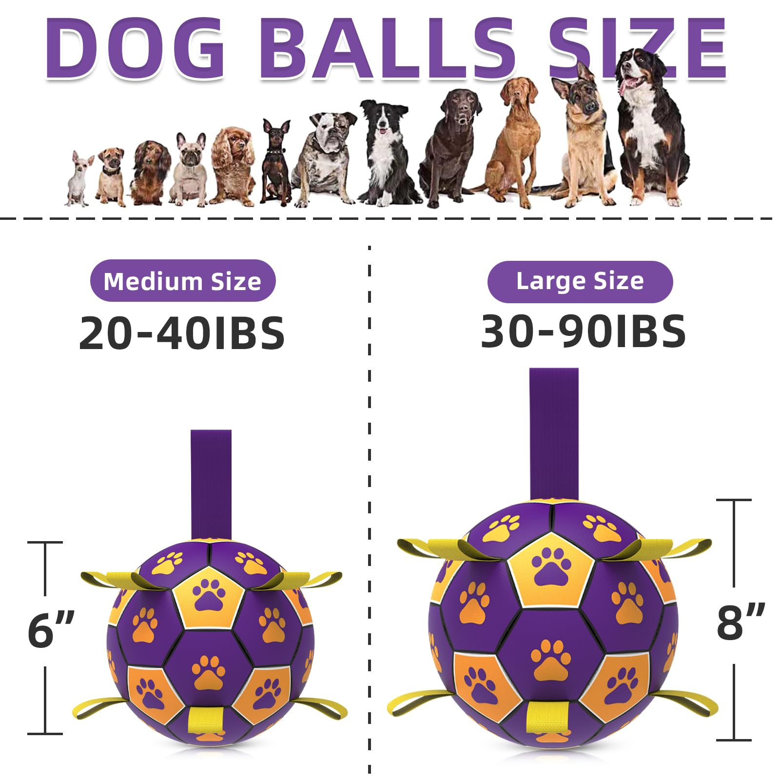 QDAN Dog Soccer Ball - Interactive Tug Toy for Small & Medium Dogs, Durable Polyurethane, Yellow Purple, 6 Inch