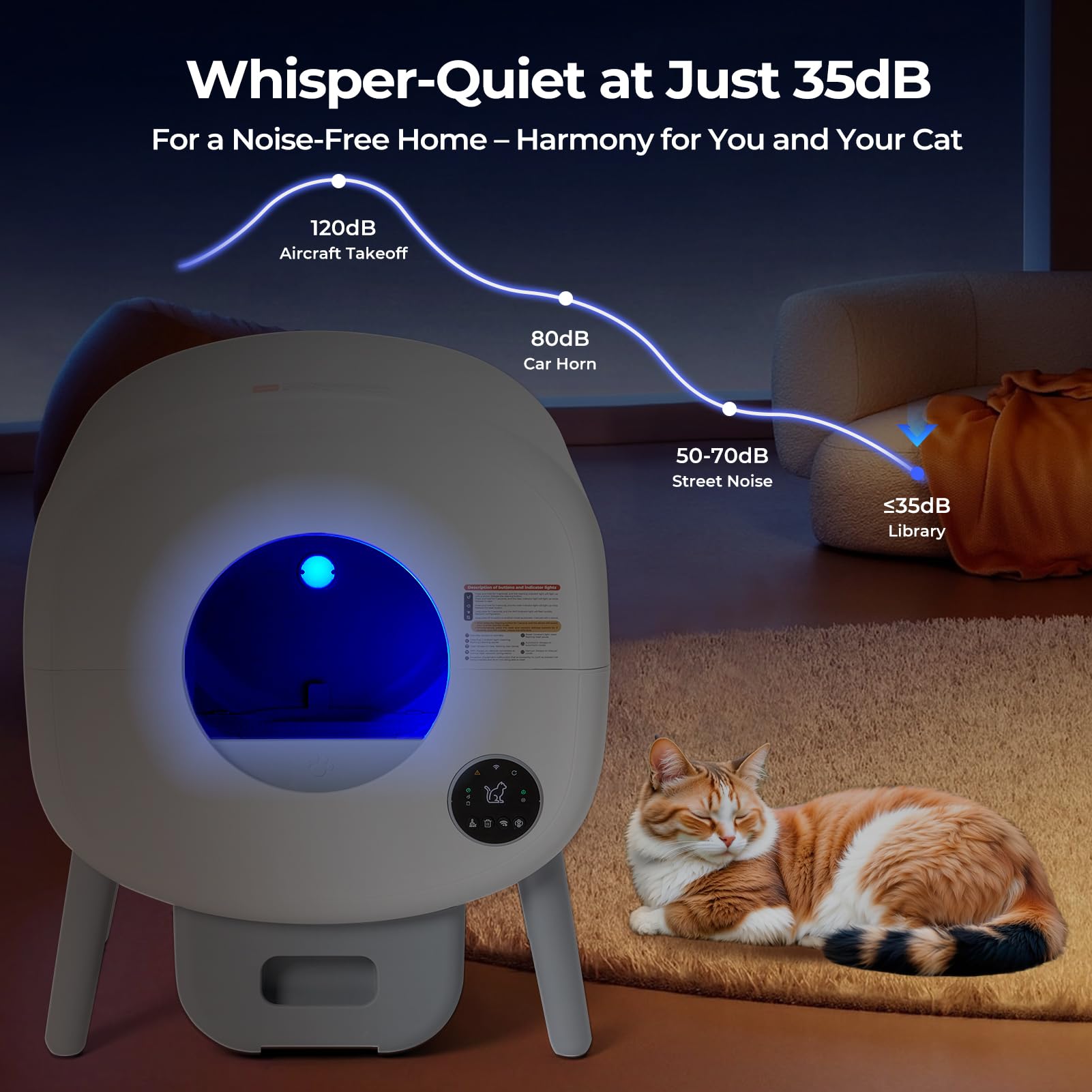 Self Cleaning Cat Litter Box: Extra Large Automatic Litter Box For Multiple Cats, Odor-Free, Smart App Control, Ambient Light Wi