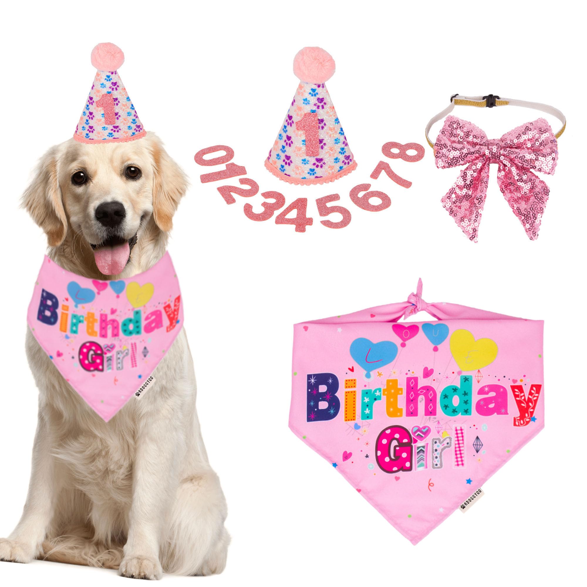 Adoggygo Dog Birthday Party Supplies, Pink Girl Puppy Birthday Bandana Hat Numbers Bow Set For Large And Extra Large Dogs (X-Lar