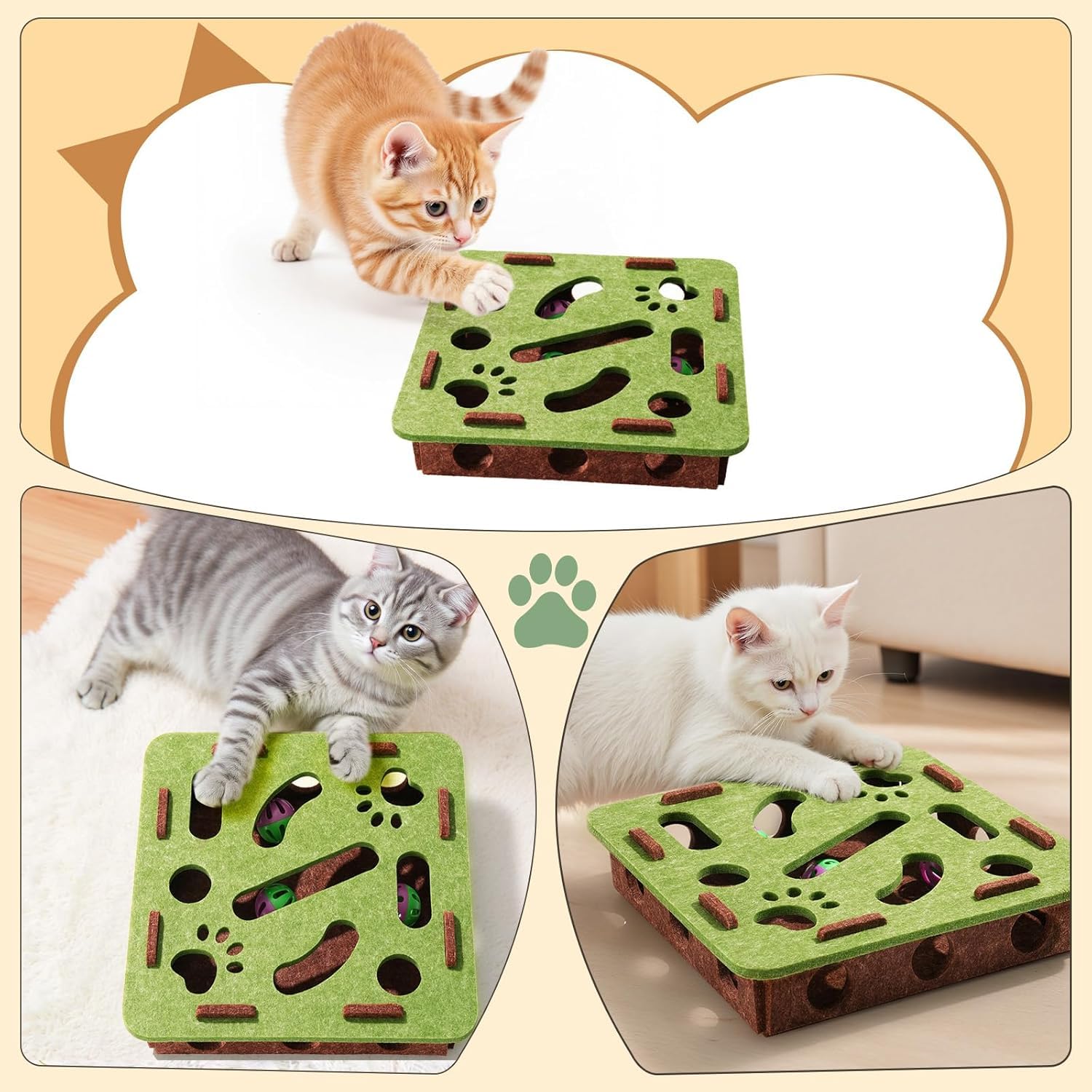 Chewbrary Cat Scratch Puzzle Enrichment Box, Cat Puzzle Toy with 2 Bell Balls, Enrichment Toys for Indoor Cats