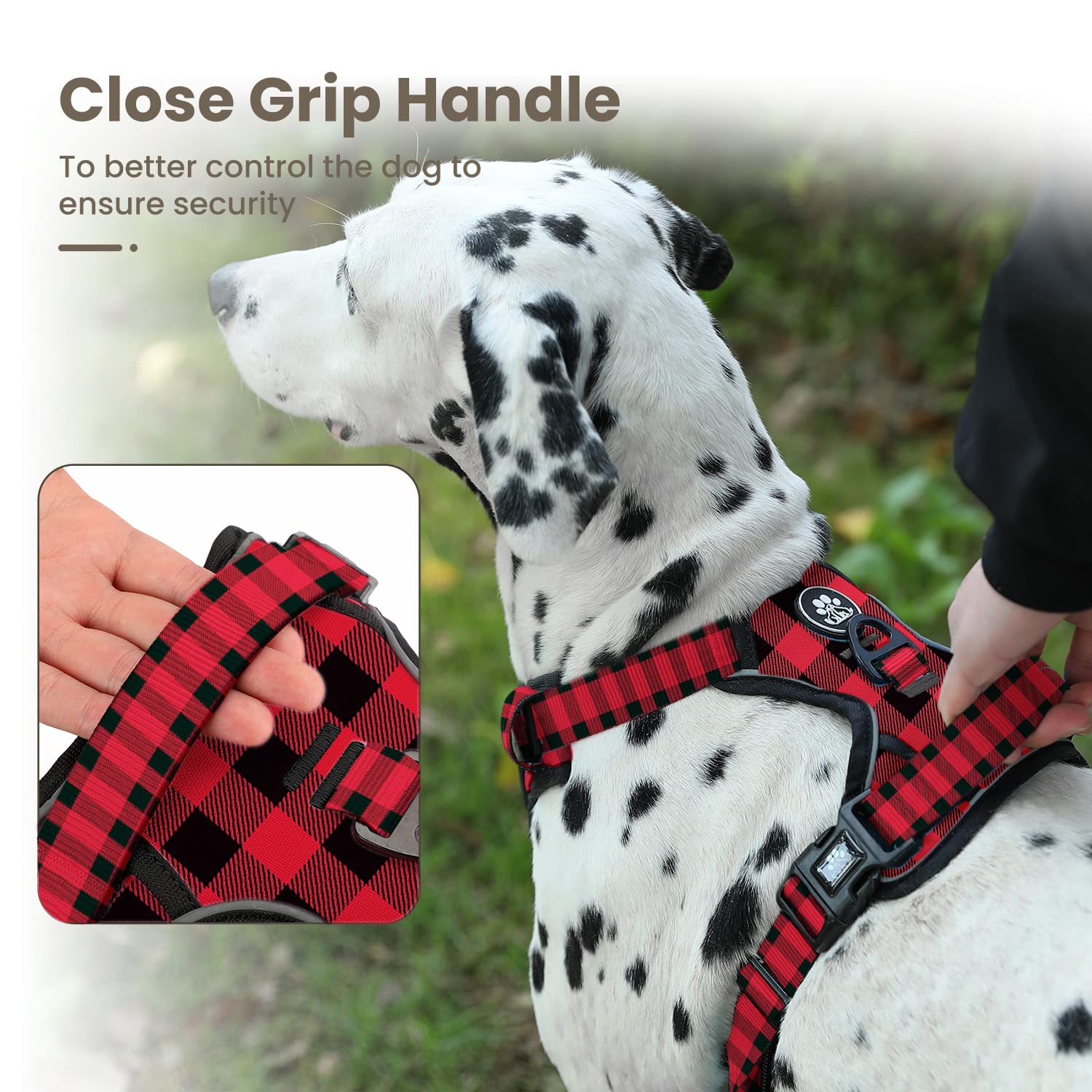 Furryfection Plaid Dog Harness For Extra Large Dogs, No Pull Reflective Pet Harness, No Choke Vest Harnesses With Leash, Easy Control Handle, Adjustable Front Lead & Seat Belt, Red & Black,Xl