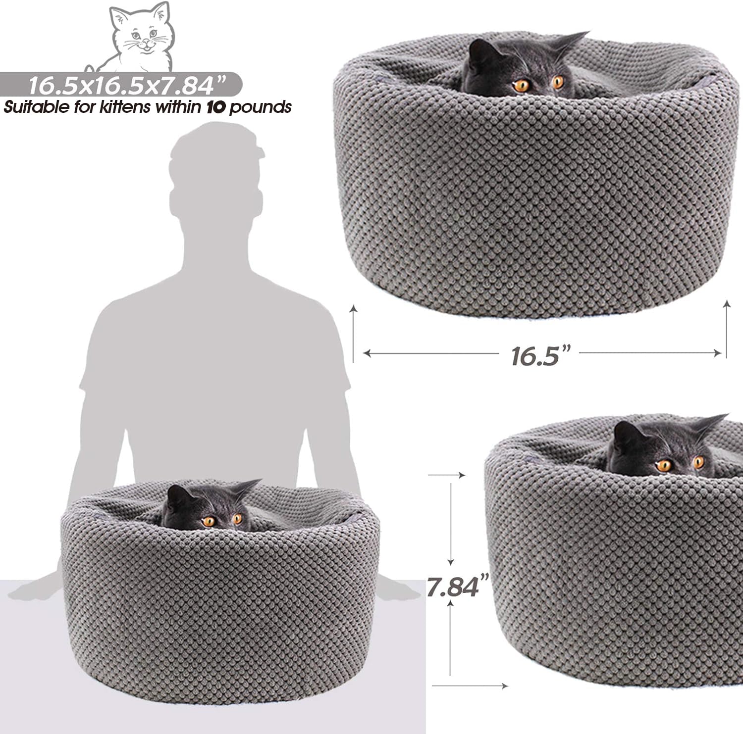 Winsterch Cat Bed, Soft Enclosed Round Cave, 16.5"x16.5"x7.48", Gray, Plush PP Cotton, Model MWL-HS, Indoor/Outdoor Use