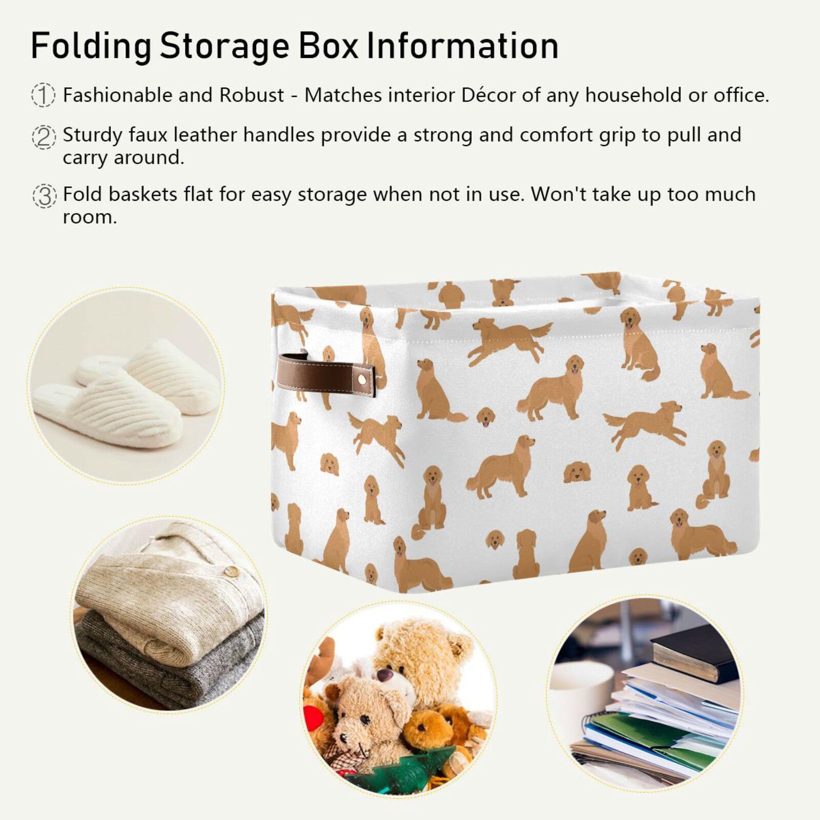 Wamika Golden Retriever Dog Storage Basket Fabric Pet Toys Baskets Cute Puppy Dogs Open Home Storage Bins Boxes Foldable Organiz