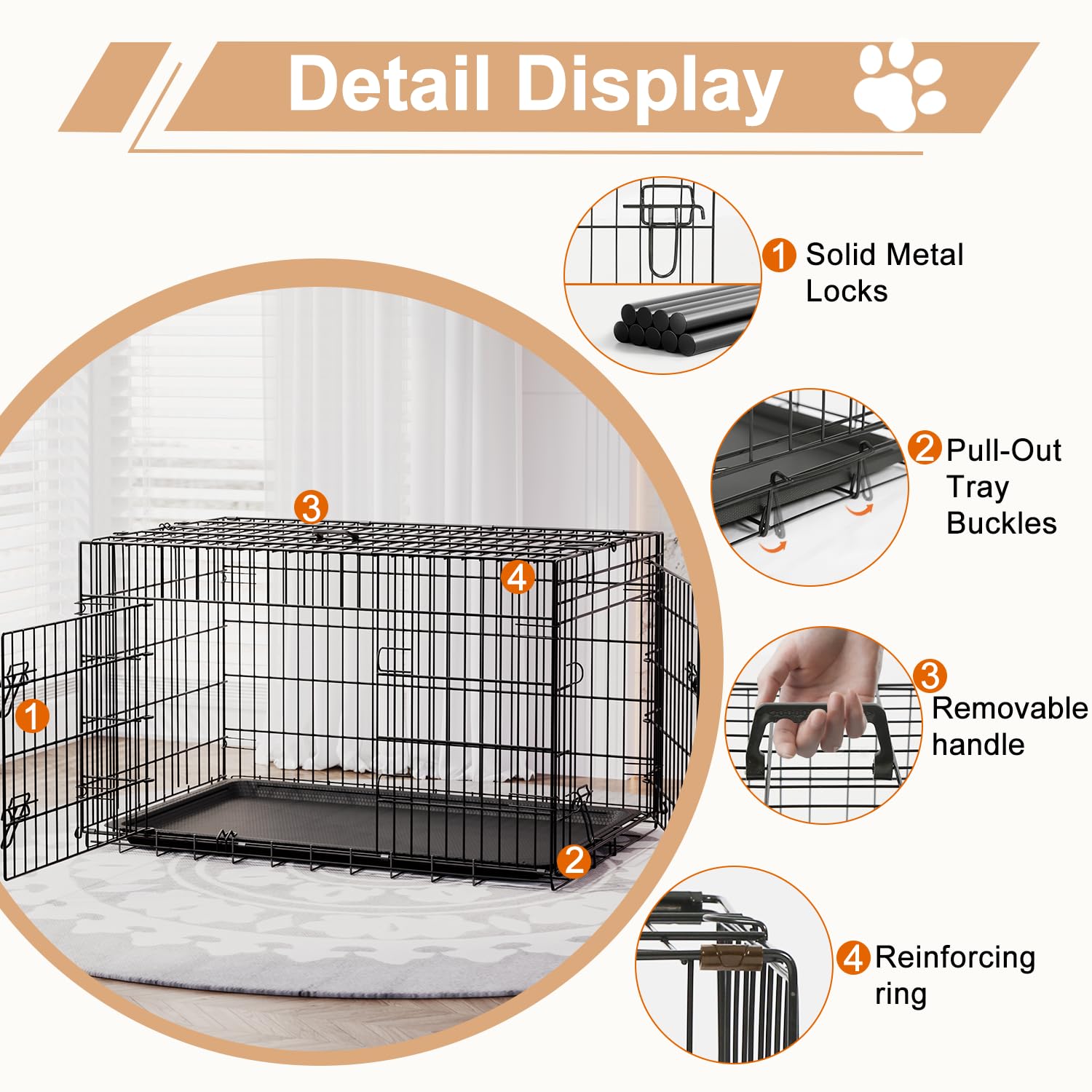 FDW Large Dog Crate 42inch Dog Cage Foldable Metal Kennel with Leakproof Tray Foldable Design Indoor Outdoor Use for Large Dogs,