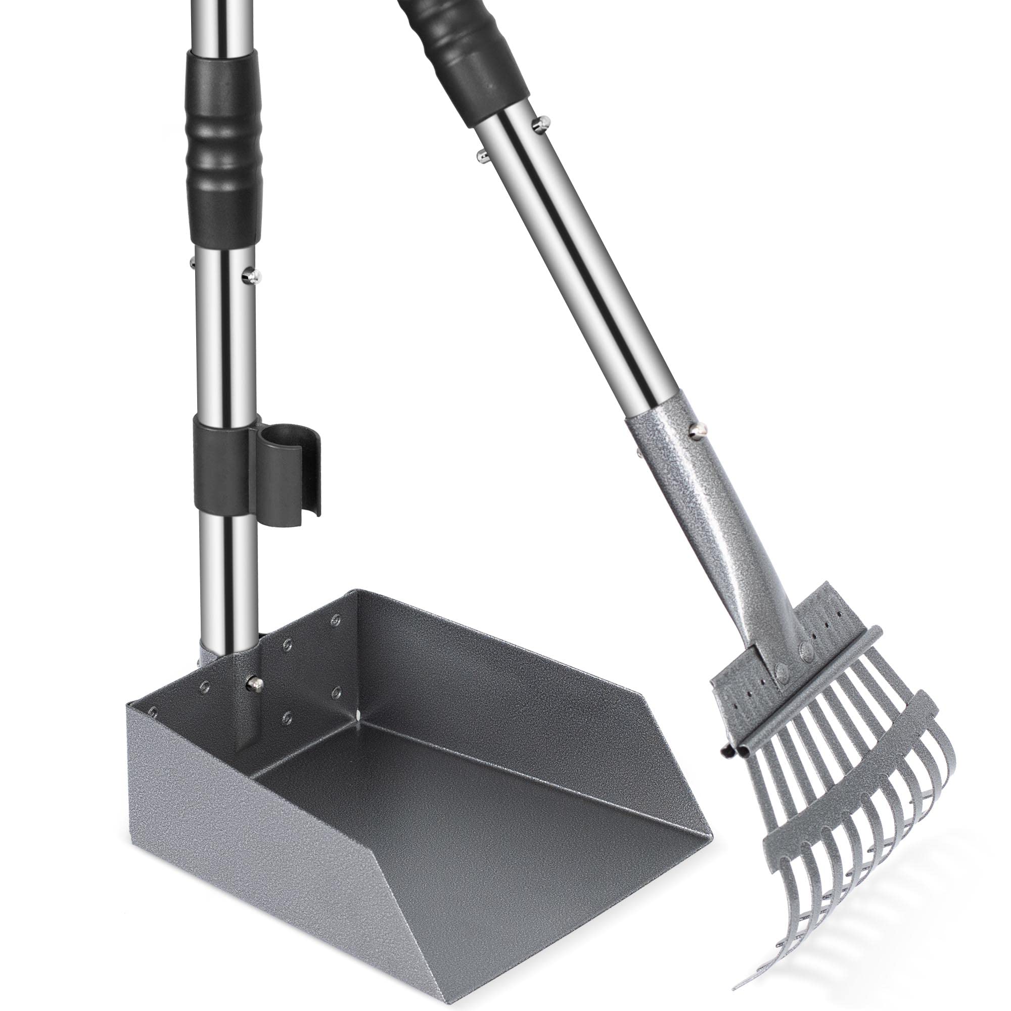 Heeyoo Dog Pooper Scooper, Dog Poop Tray and Rake Set, Pet Waste Removal Scoop with Long Adjustable Sectional Stainless Handles