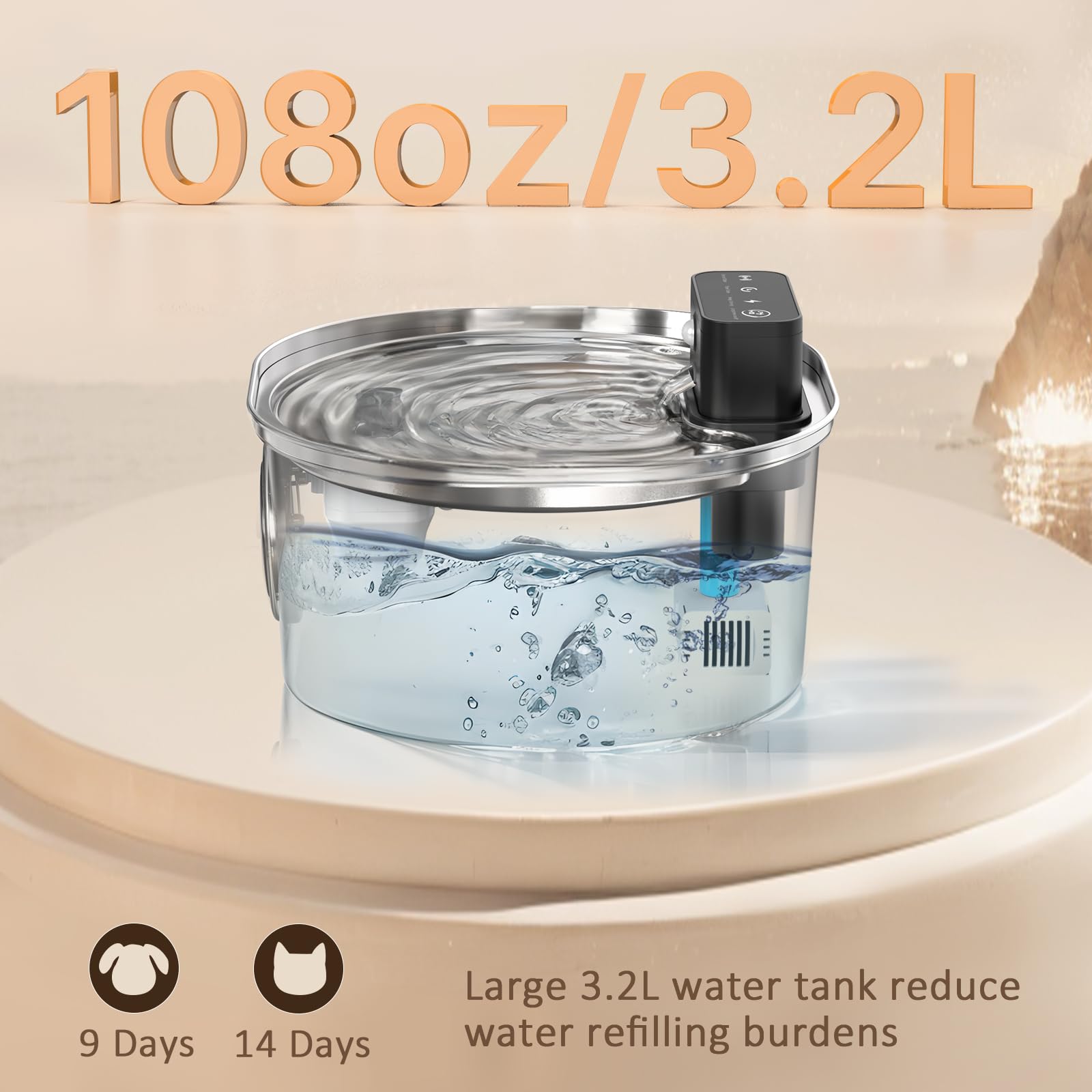 Stainless Steel Wireless Cat Water Fountain: Voluas 3.2L/108Oz 3-Modes Pet Drinking Fountain Indoor Cordless Motion Sensor Fount