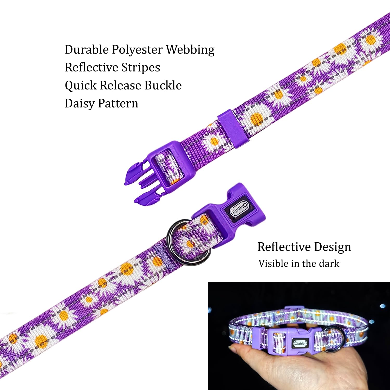 Olahibi Floral Pattern Dog Collar, Pretty Daisy Print, Durable Nylon With Reflective Stripes, Adjustable Length, For Medium Dogs