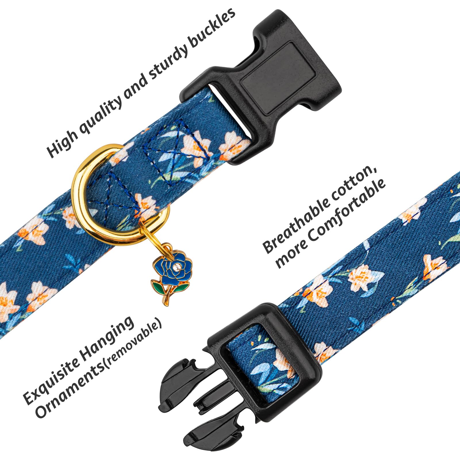 Cotton Handmade Dog Collar Cute And Distinctive Patterns Blue Tulip With Pendant For Girl Boy Dogs Collars L