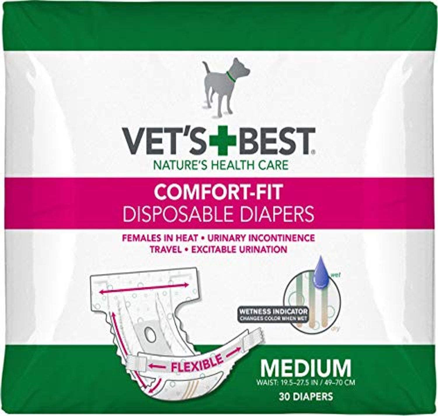 Vets Best Comfort Fit Dog Diapers - Disposable Female Dog Diapers - Absorbent with Leak Proof Fit - Medium, 30 Count