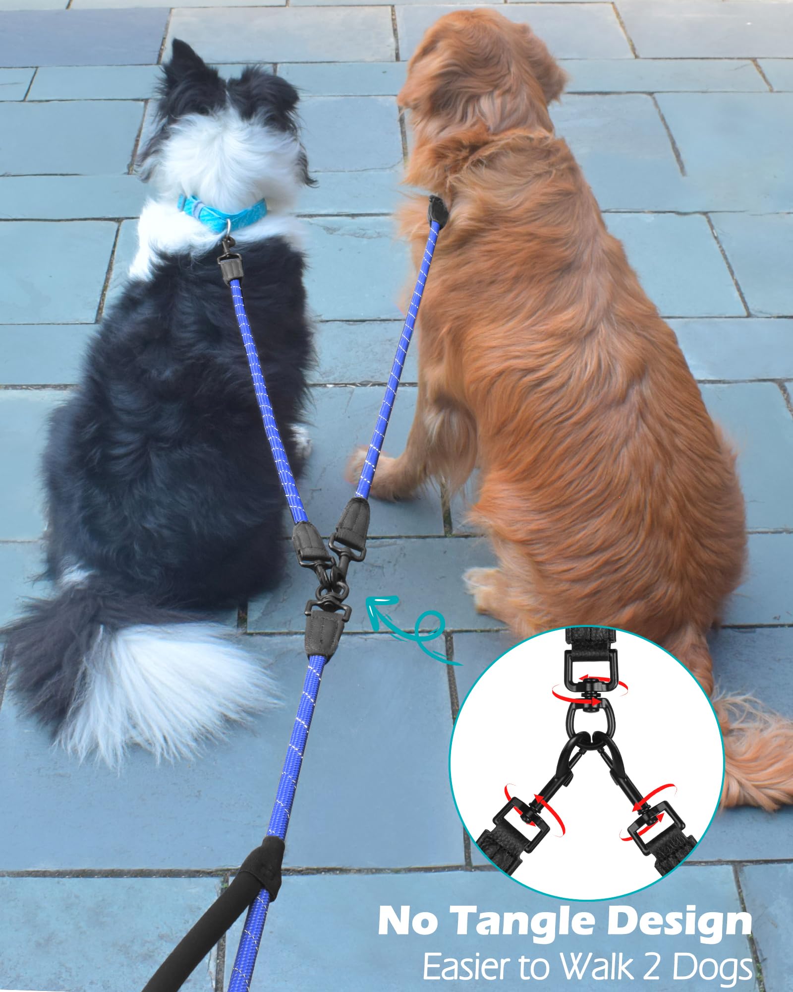 Petbonus Rope Double Dog Leash, No Tangle Dual Leash, Reflective Walking Training Lead With Two Comfortable Padded Handles, Lead