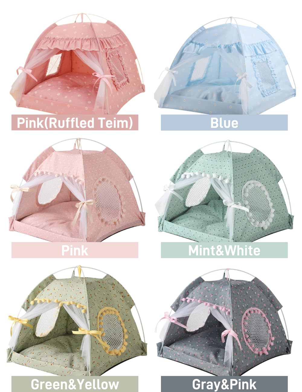 Cat Bed Tents Dog House Indoor Outdoor Lace Mesh Breathable Windows Door Curtains Removable Portable Nest Teepe House (Small,Gra