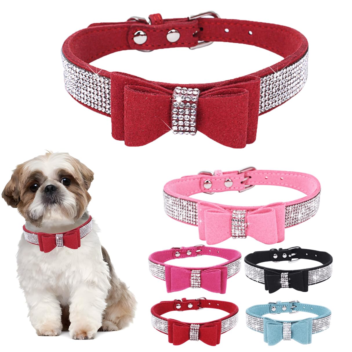 Bling Small Dog Collars For Female Dogs, Christmas Rhinestone Dog Collar With Bow Tie, Crystal Jeweled Girl'S Cat Collars Sparkl