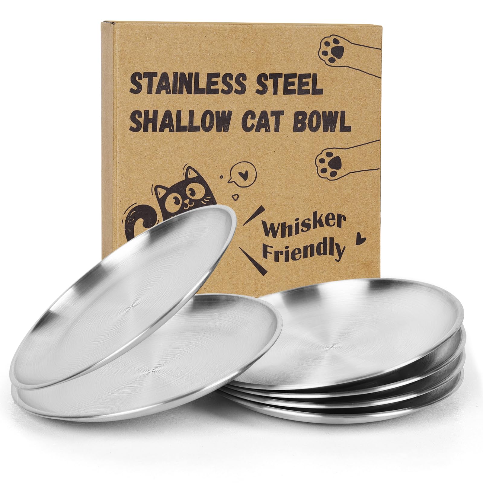 6-Pack Stainless Steel Cat Food Bowls - 6.7  Shallow, Whisker-Friendly Non-Slip Silicone Base,Easy to Clean Indoor Feeding Dishe