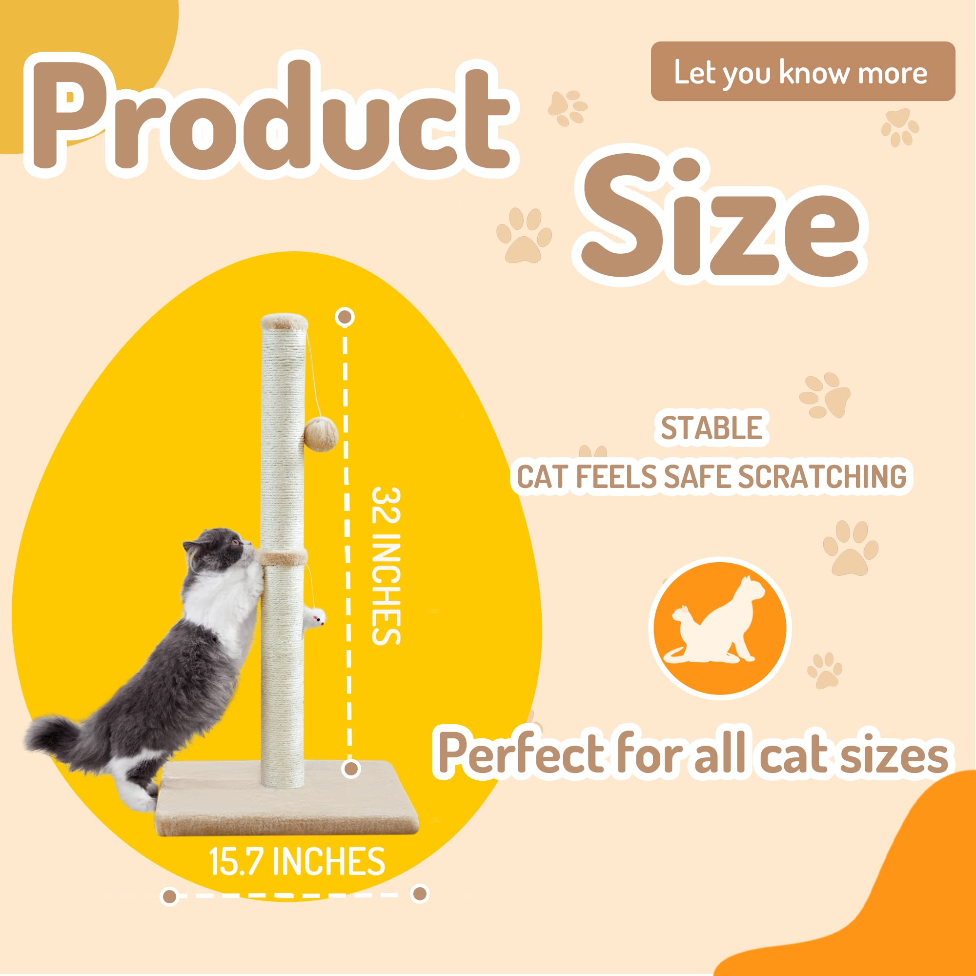 Meowhomm 32” Tall Cat Scratching Posts For Indoor Cats Adults With 2 Hanging Ball, Large Cat Scratch Post Cat Scratcher Includes Sisal Rope(Yellow)