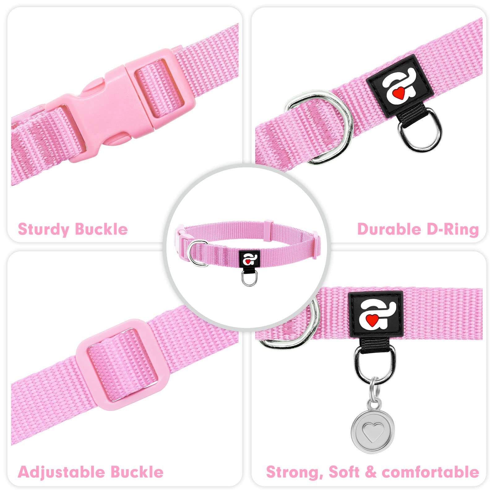 Azuza Nylon Dog Collar And Leash Set, Strong & Durable Basic Style Leash With Easy To Use Collar Hook, Available In Multiple Lengths For Puppy And Small Dogs, Pink,Xs