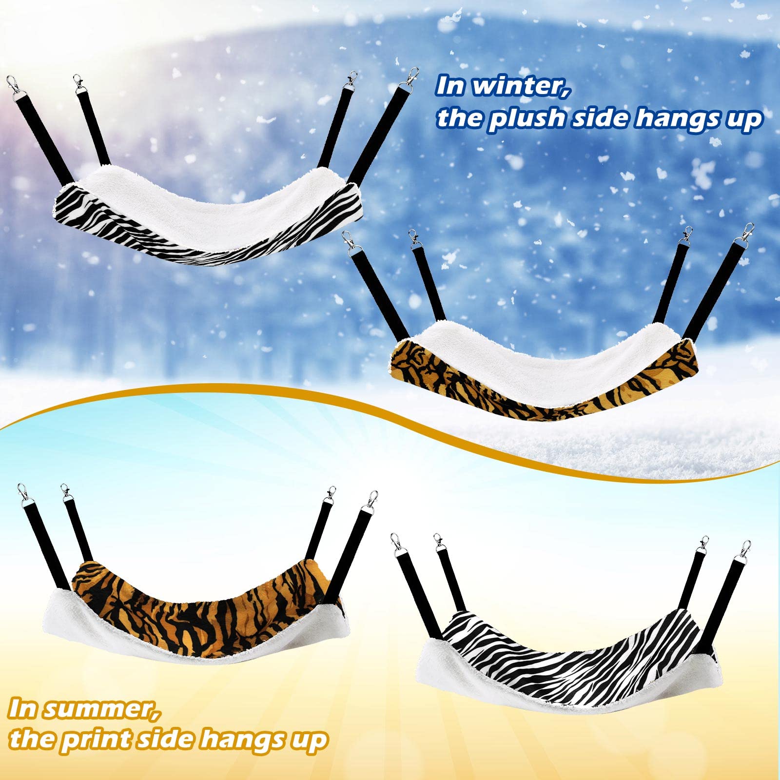 2 Pieces Reversible Cat Hanging Hammock Soft Breathable Pet Cage Hammock With Adjustable Straps And Metal Hooks Double-Sided Hanging Bed For Cats Small Dogs Rabbits (Zebra, Tiger Stripes, M)