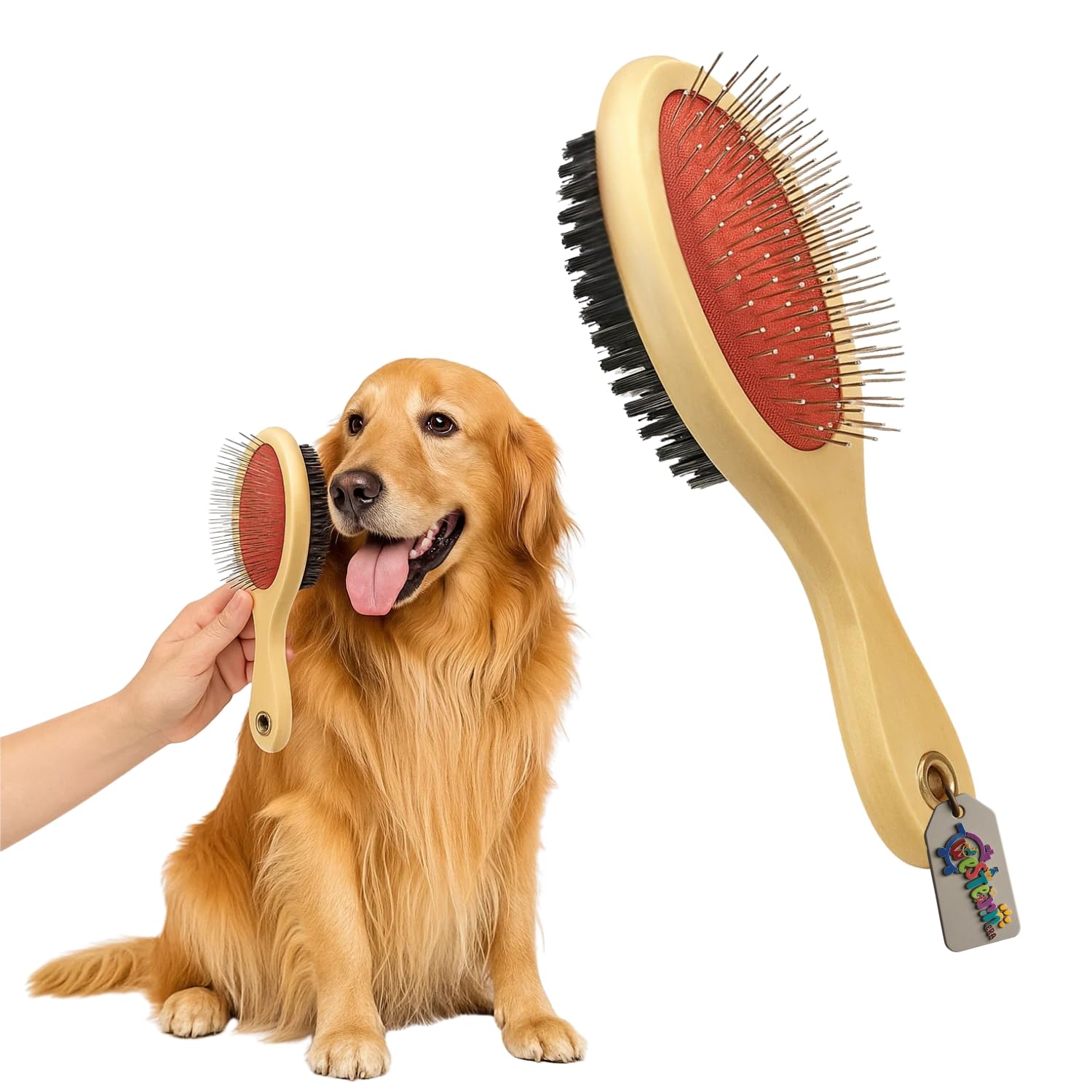 Western Era 22Cm Double Side Pet Grooming Brush  Wooden Handle Dog & Cat Comb With Metal Pins On One Side & Soft Bristle Brush 