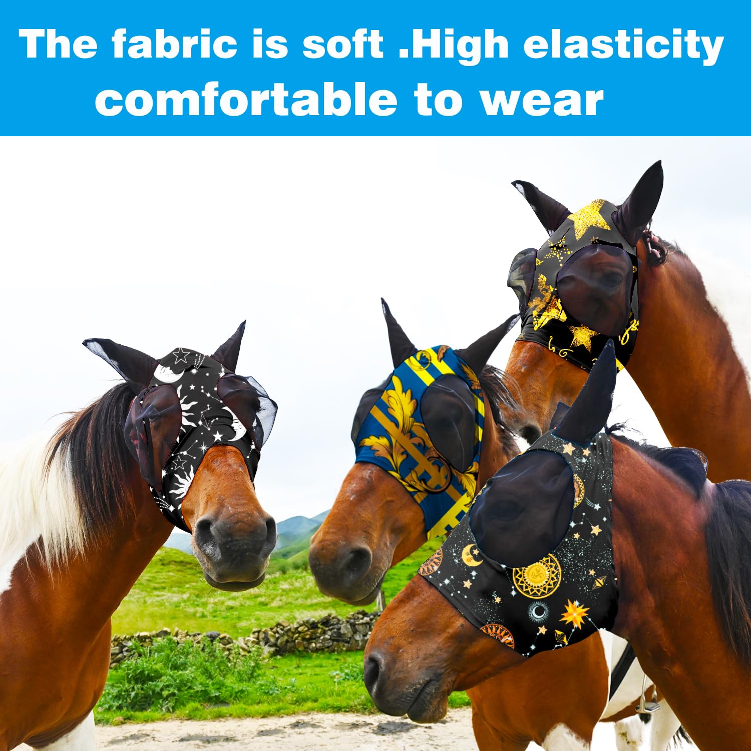 Super Comfort Fly Marsks for Horses of 8pcs Set-Horse FlyMask with Ears- Elasticity Fly Mask with UV Protection(Size:L