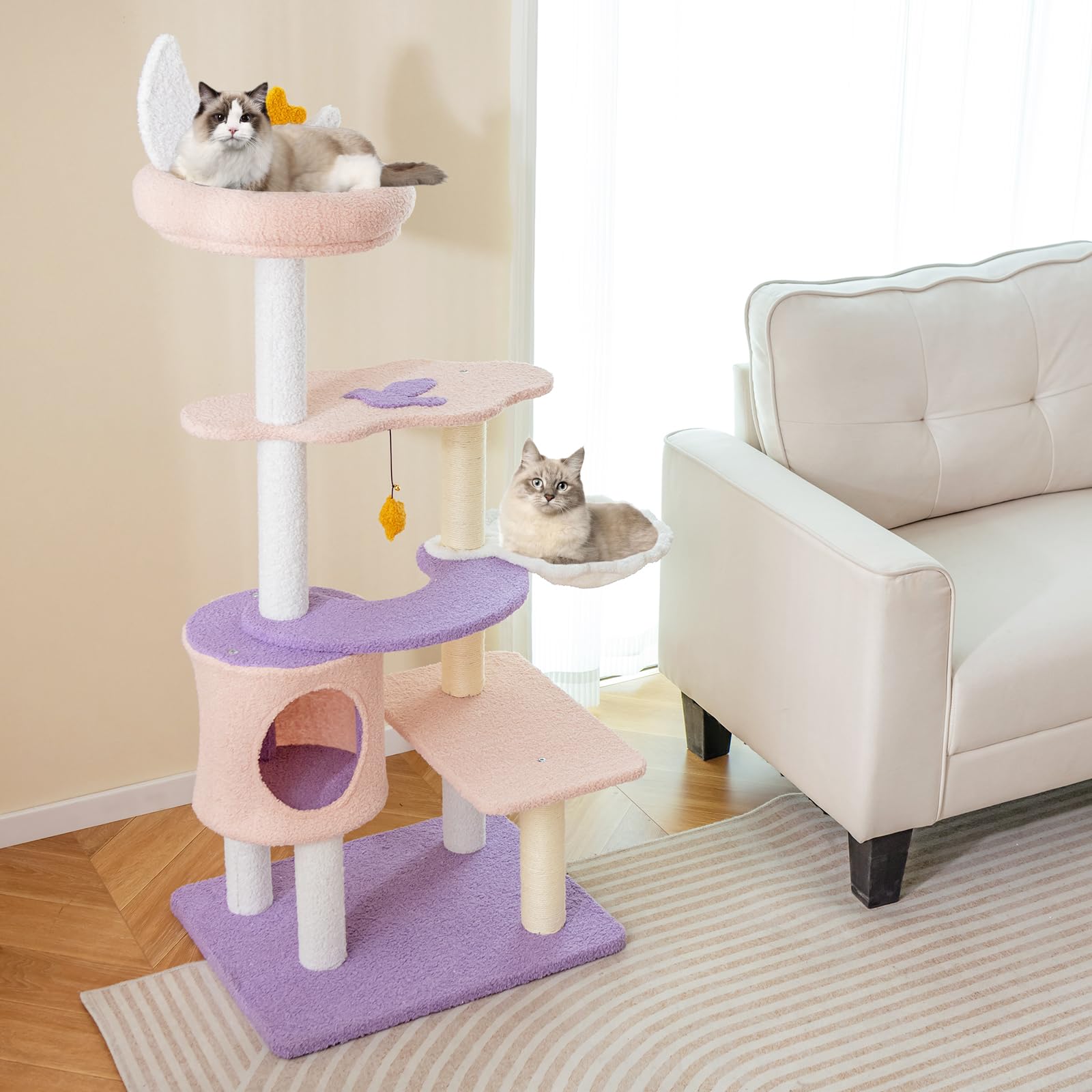 Tangkula Cat Tree Tower, 55 Inch Multi-Level Cat Tower With Cat Condo, Sisal Scratching Posts, Moon Star Plush Perch, Hammock, Cloud Platforms, Dangling Toys, Cute Purple Pink Cat Tree For Indoor Cats