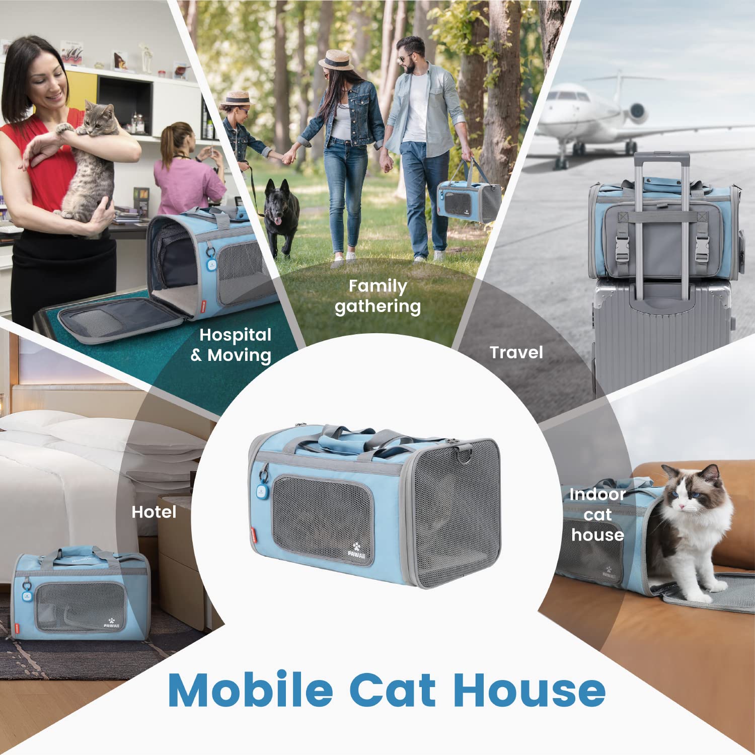 Pawaii Cat Carrier - Airline Approved, Collapsible, Large, Light Grey & Sky Blue, Model US-PC01KB, Comfortable & Portable Travel Carrier
