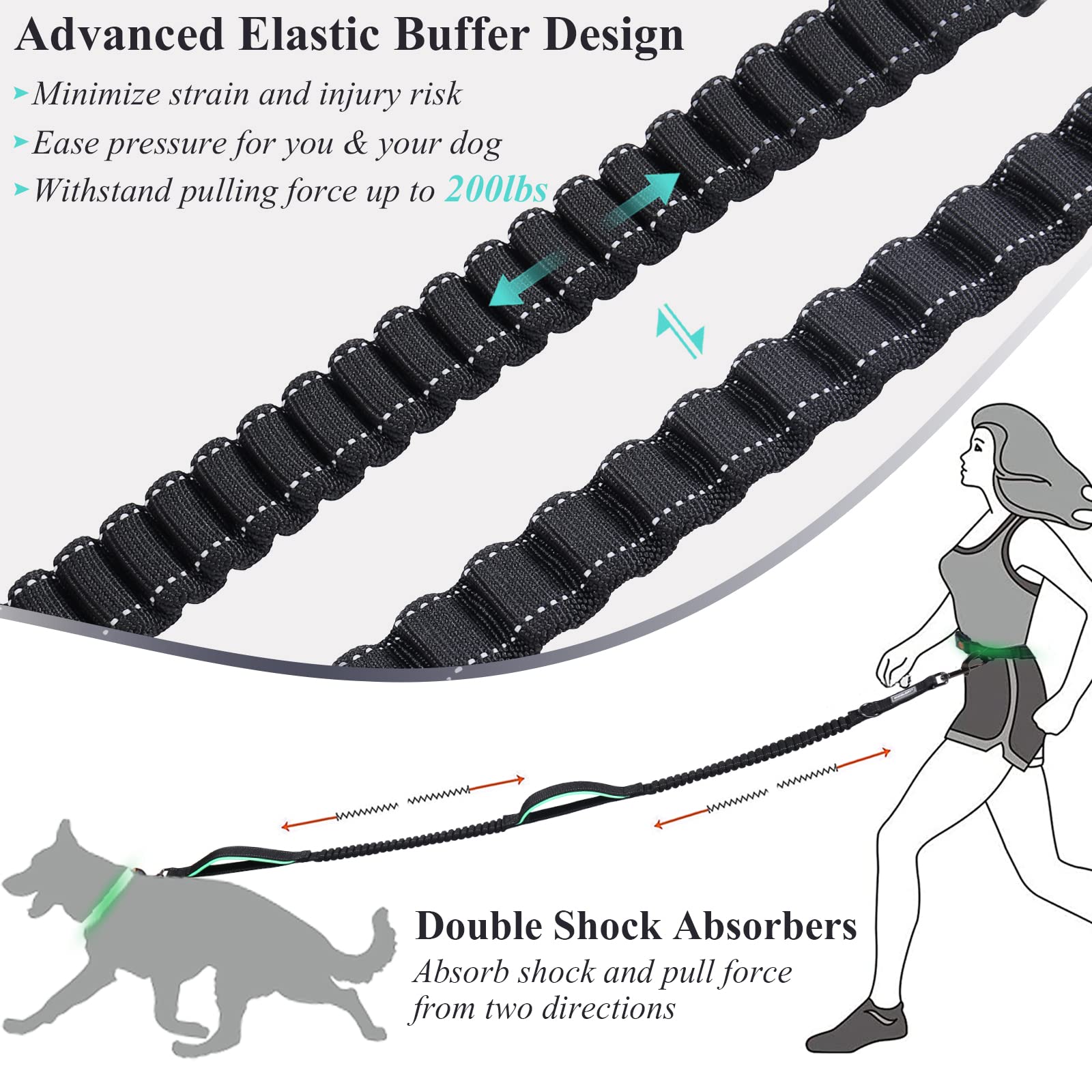 Vivaglory Hands Free Dog Leash With Dual Advanced Anti-Shock Bungees And Padded Handles, Reflective Waist Running Leash With Adjustable Belt For Medium Large Dogs, Black/Turquoise