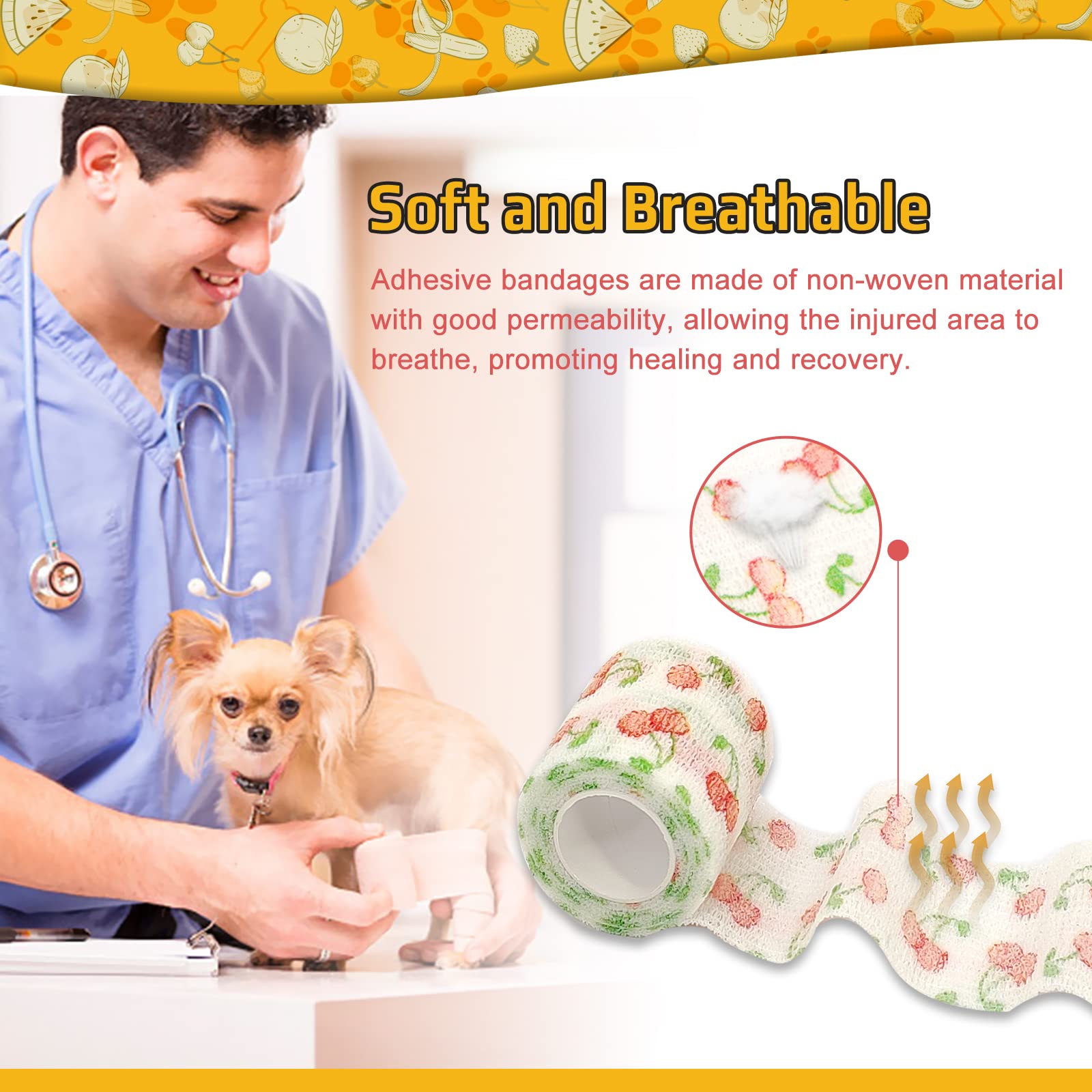 SafeSense 6 Pack Vet Wrap 2 inch for Dogs Horses, Pet Wrap Bandage Self Adhesive, Coban Bandages for Wounds Breathable Non Woven