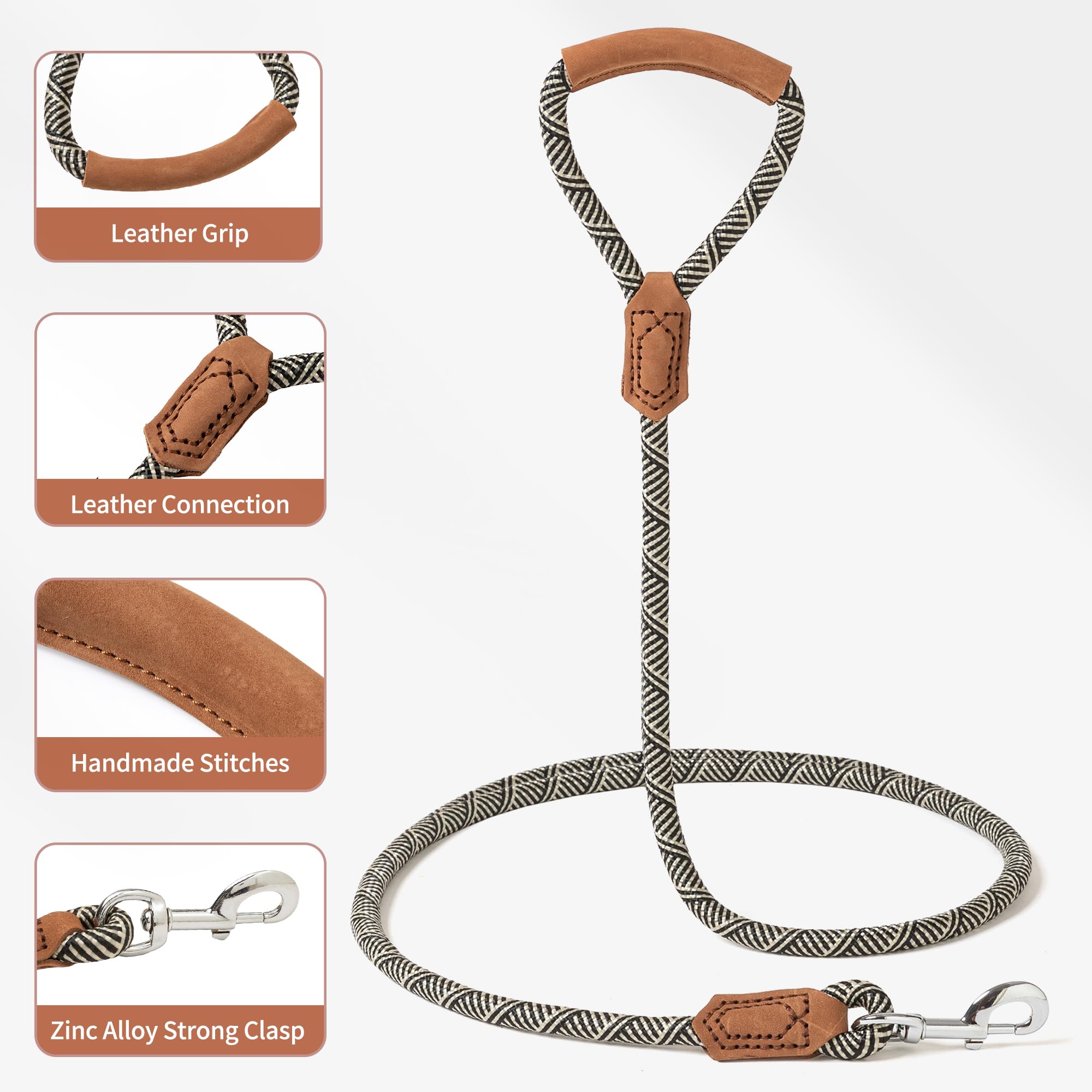Mile High Life | Premium Leather Handle Dog Leash | Strong Rope Leash | Zinc Alloy Strong Clasp | Small Medium Large Dogs | 4/5/