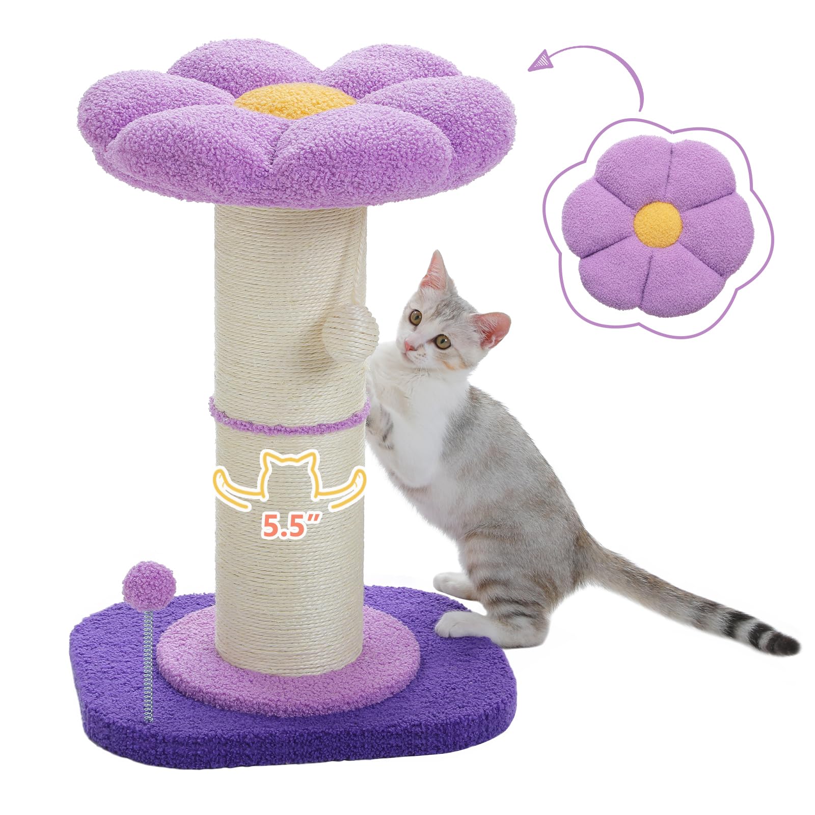 Pequlti Flower Cat Scratching Post, Small Tree, Tall Scratcher For Indoor Cats With Super Thick Post [Dia=5.5''], Removable Flow