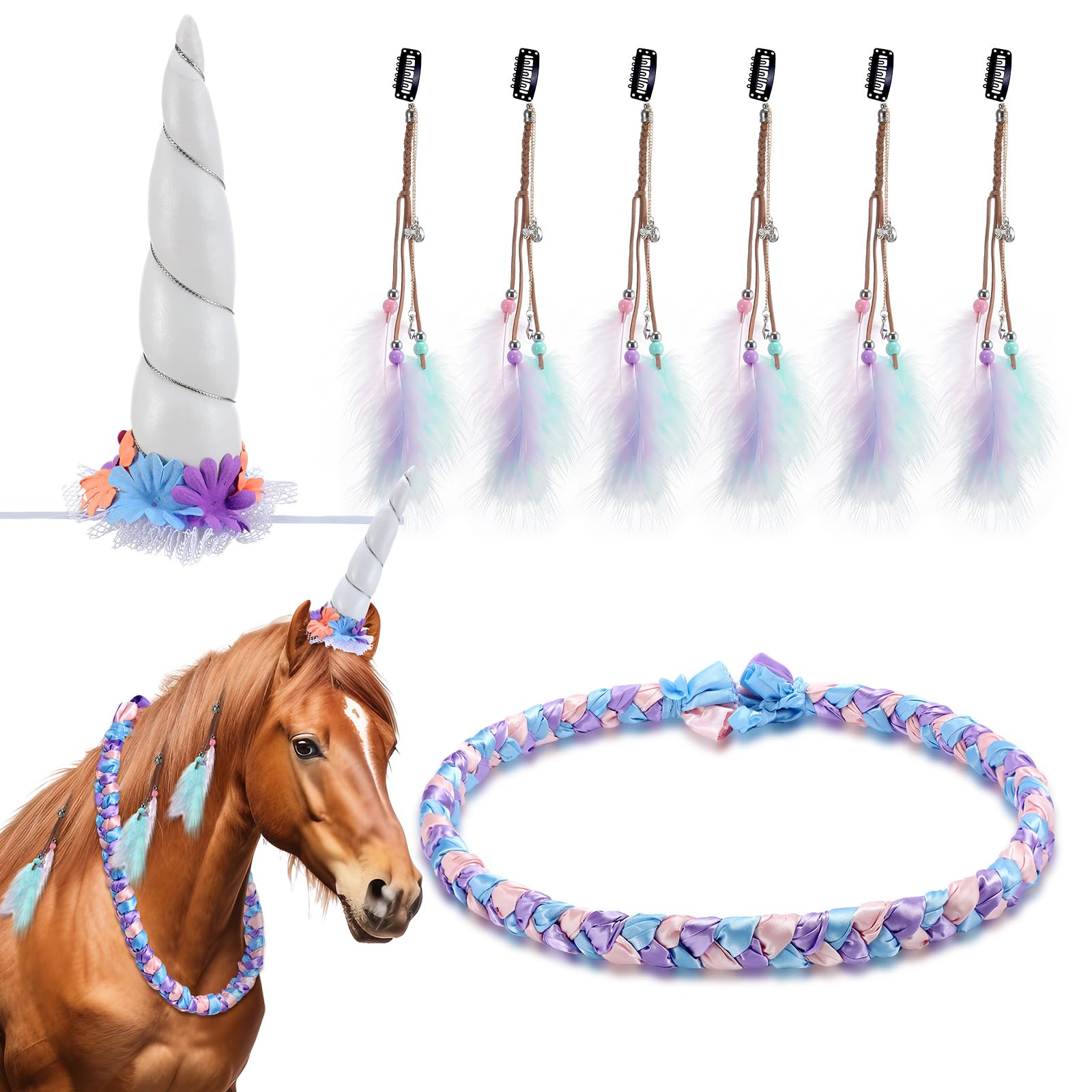 Shyyween 8 Pcs Horse Costumes for Horses to Wear, Unicorn Kit, Include Neck Wreath & 6 Mane Feathers Clip in Hair Extensions Hor