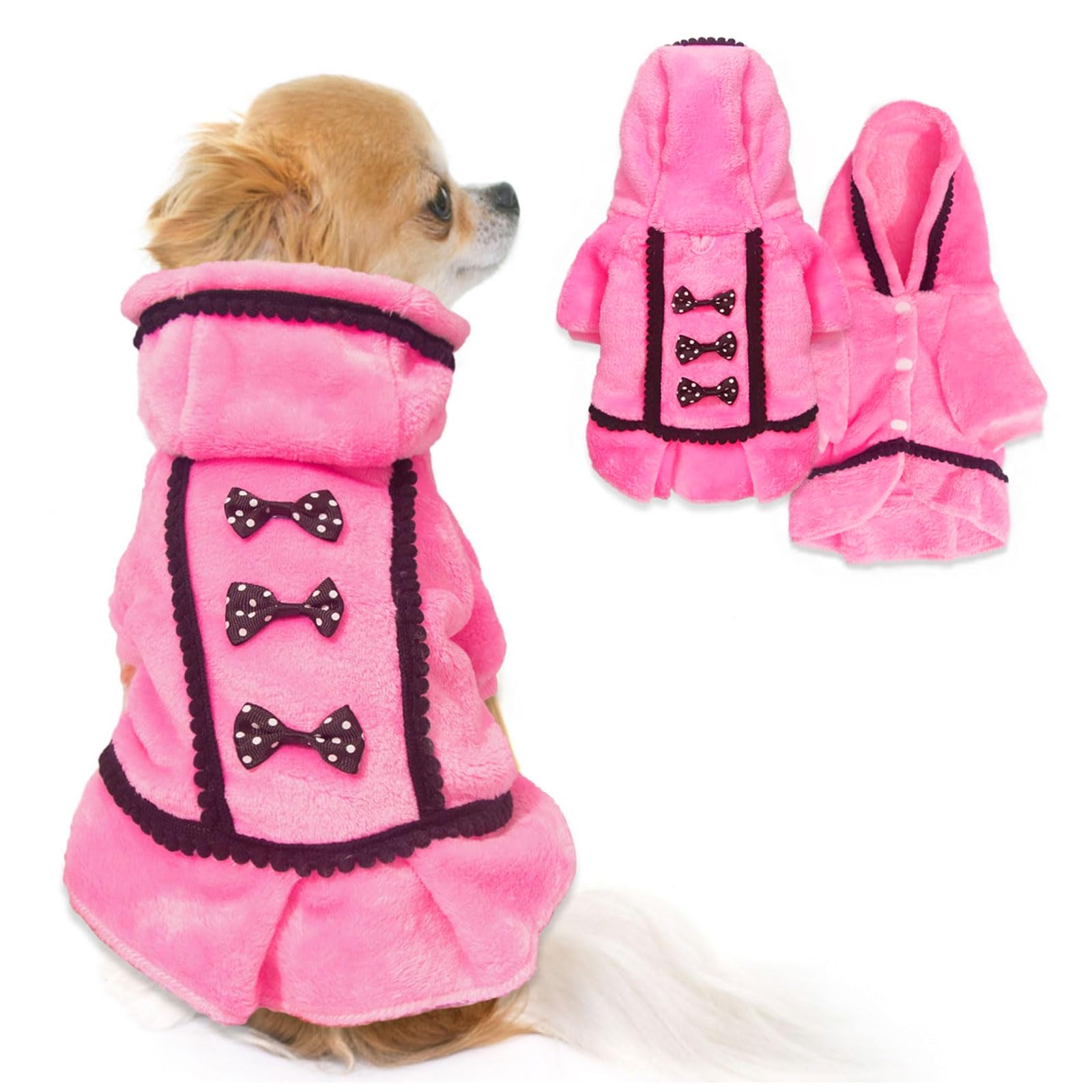 Winter Fleece Sweater Dress For Small Dogs - Warm Puppy Outfit With Leash Hole, Cute Pink Clothes, Bowtie, Chihuahua Pet Hoodie 