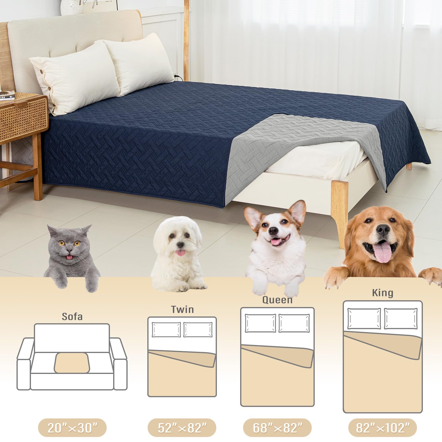 Boctopug Dog Bed Cover For Pets Blankets Rug Pads For Couch Protection Waterproof Bed Covers Dog Blanket Furniture Protector Reusable Changing Pad (Navy Blue+Light Grey, 82'X82')