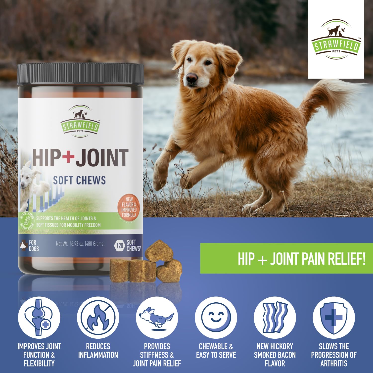 Strawfield Pets Hip + Joint Chews for Dogs Advanced Dog Joint Supplement with Glucosamine Tasty Healthy Mobility Treats Bacon Fl