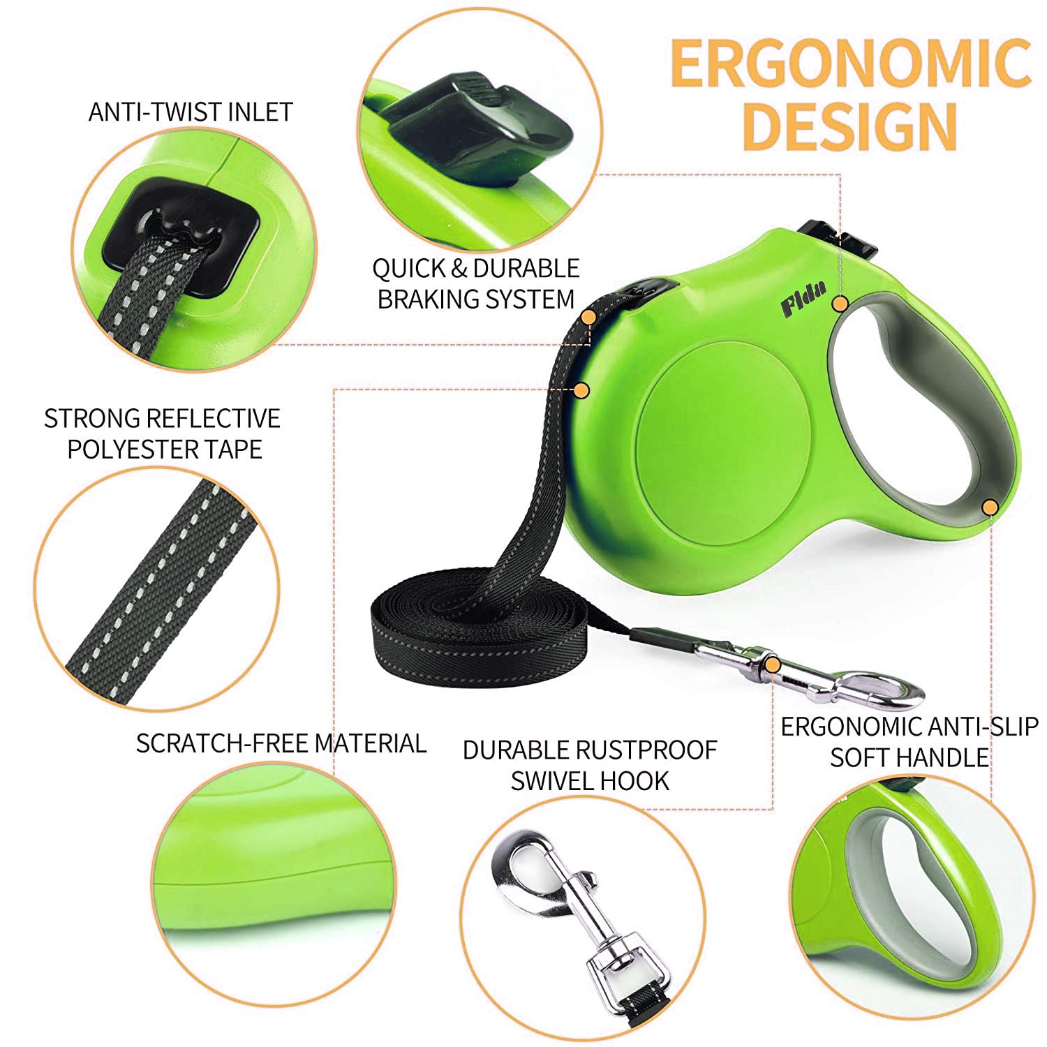 Fida Retractable Dog Leash, 10Ft Heavy Duty Pet Walking Leash For X-Small Dog Or Cat Up To 18 Lbs, Tangle Free. One-Hand Brake (X-Small, Green)