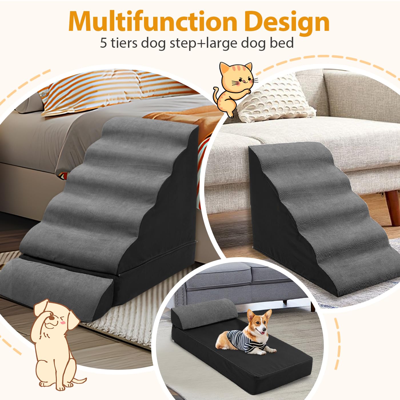 Dog Stairs/Steps for High Beds up to 30-36 inches, A.FATI 6 Step Foam Pet Steps for Small Dogs/Old Pets, 30 H Non-Slip Dog Ramp