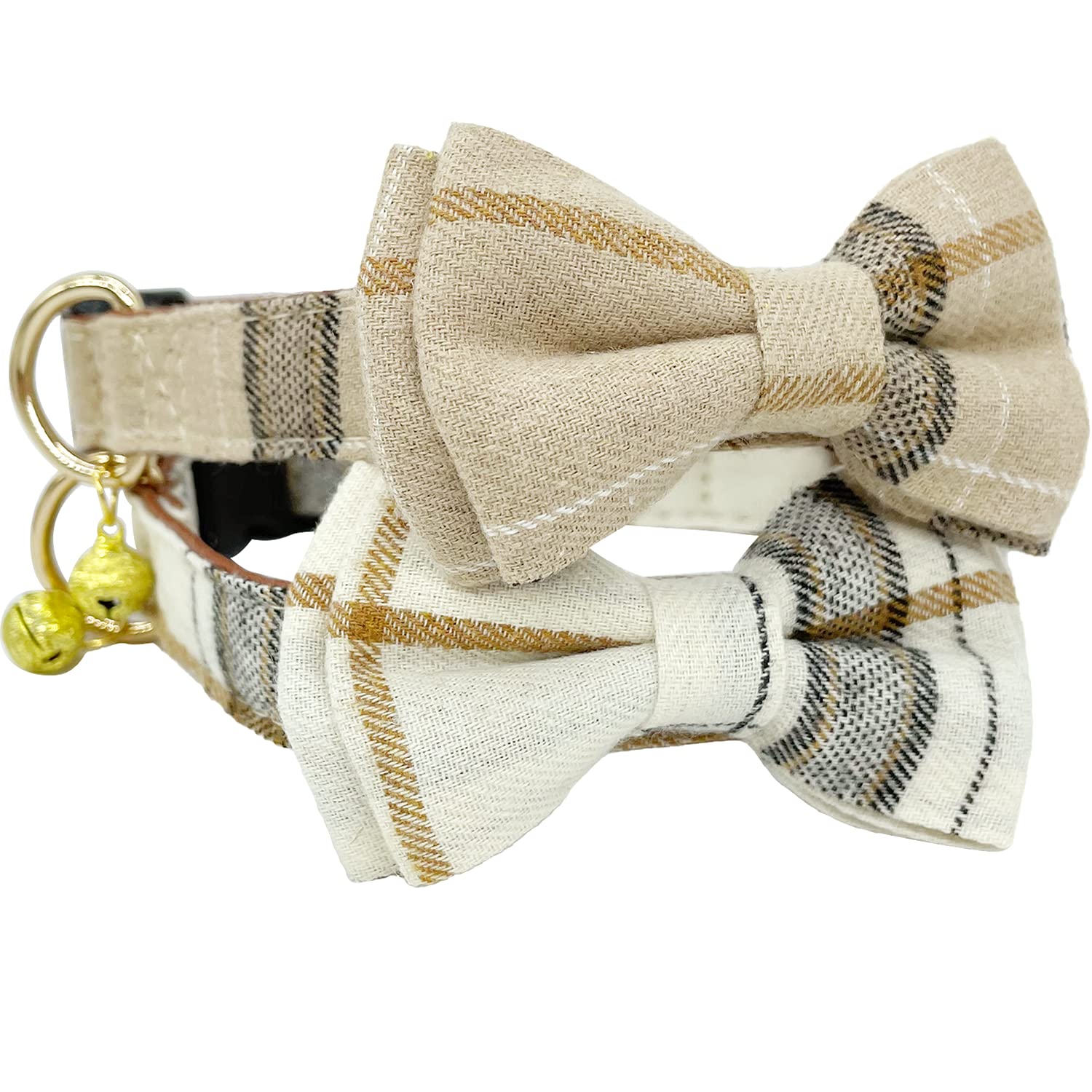 Kudes 2 Pack/Set Dog Collars With Bow Tie And Bells, Adjustable Cute Dog Bow Ties Collar For Small/Medium/Large Boys And Girls Pets (Beige & Brown, M(11.8''-17.8''))