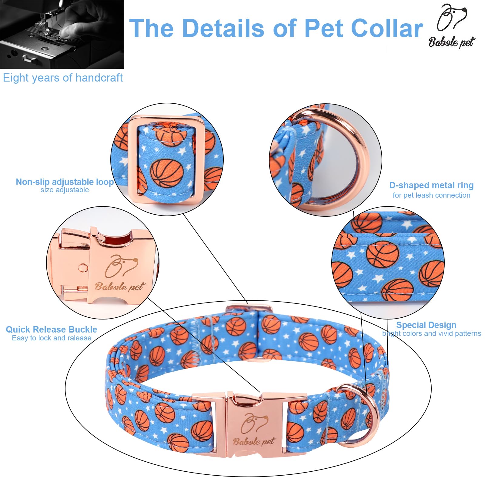 Babole Pet Adjustable Boy Dog Collar - Cute Blue Basketball Print Dog Collars For Puppy & Tiny Dogs, Durable Pet Heavy Duty Meta