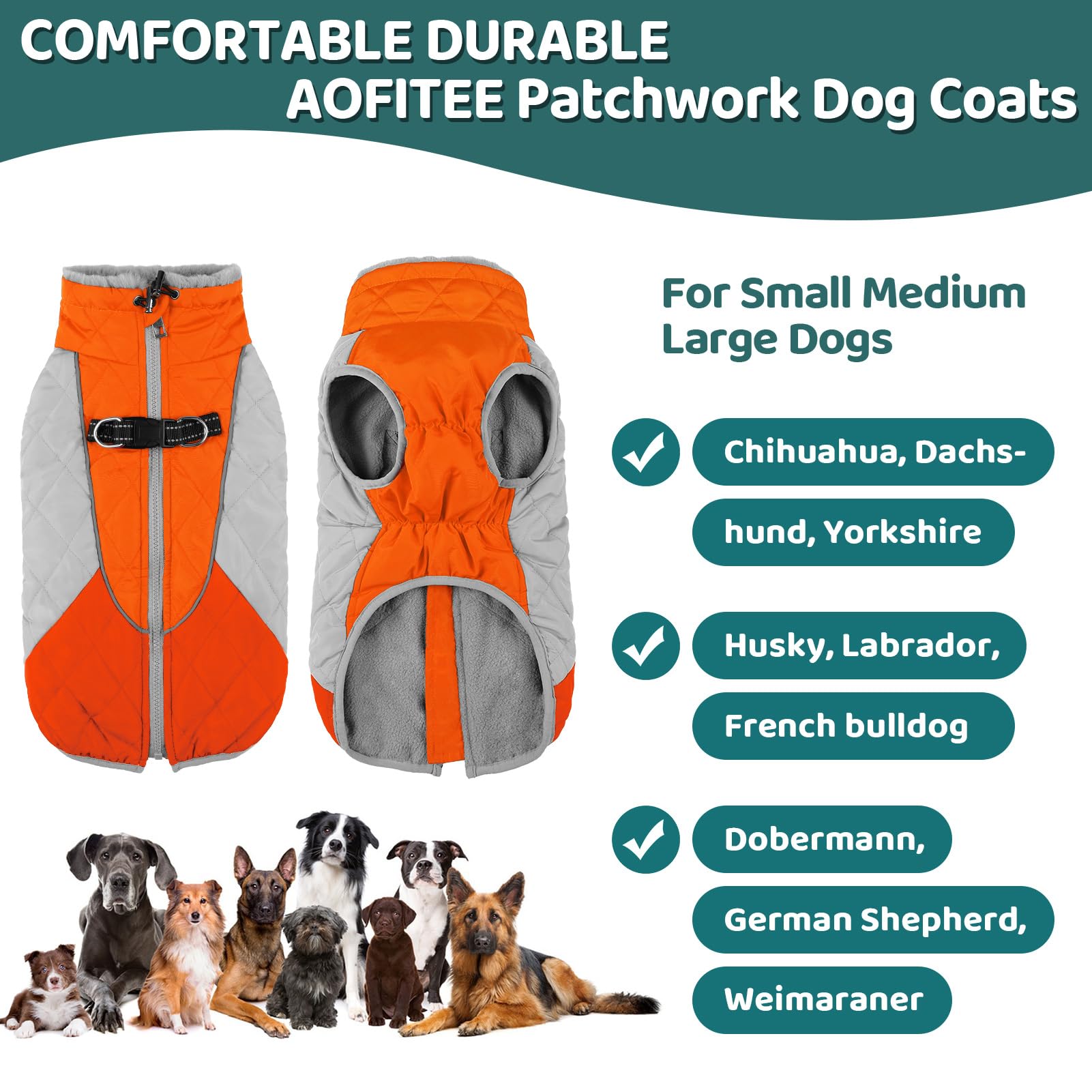 AOFITEE Dog Coat - Waterproof Winter Jacket with Harness, Fleece Lined, Orange, X-Large, Model 1207-AF-12180-Orange-XL