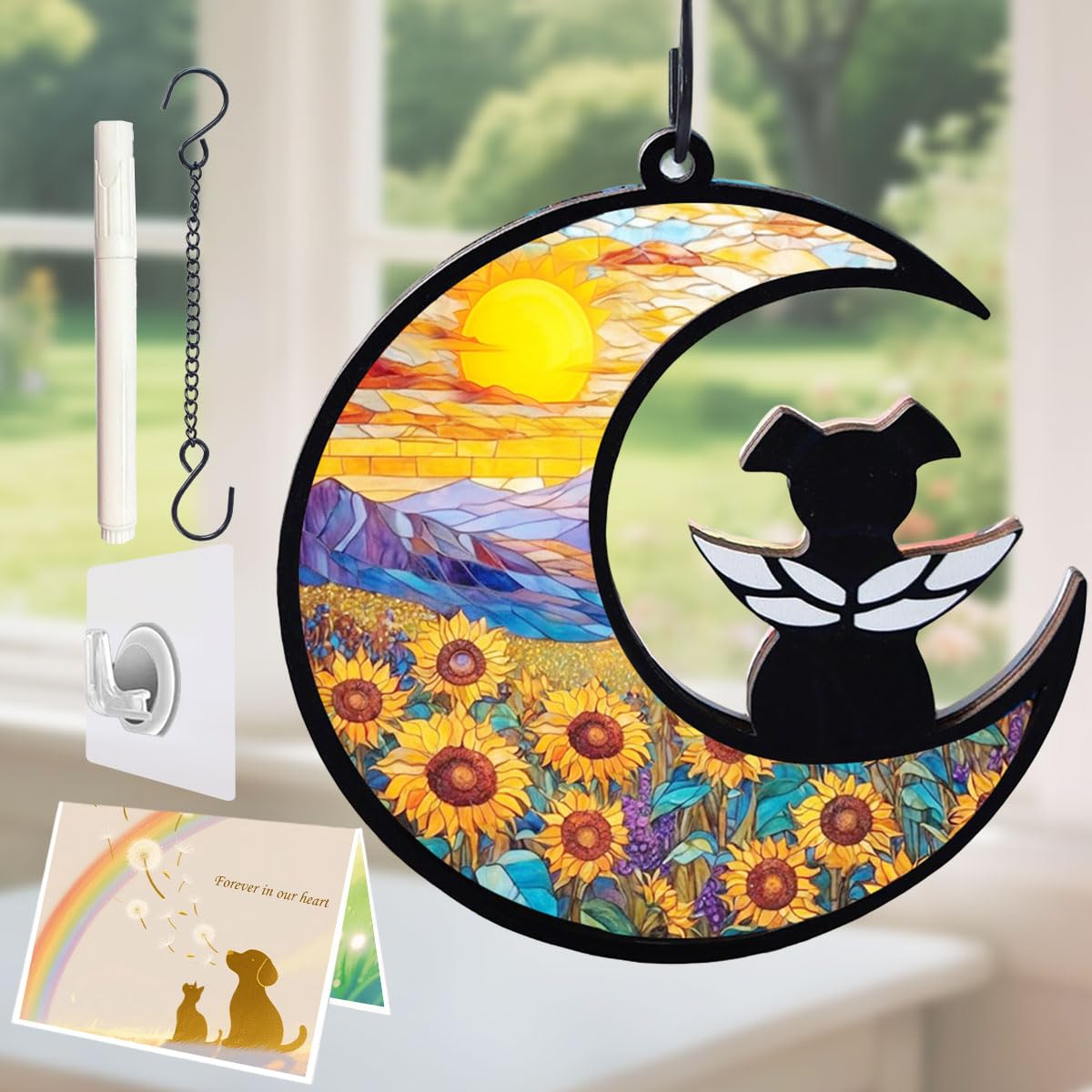 Agoumlux Dog Angel Memorial Suncatcher with Rainbow Bridge Poem Card, Pet Sympathy Gifts for Loss of Dogs and Cats, Sunflower
