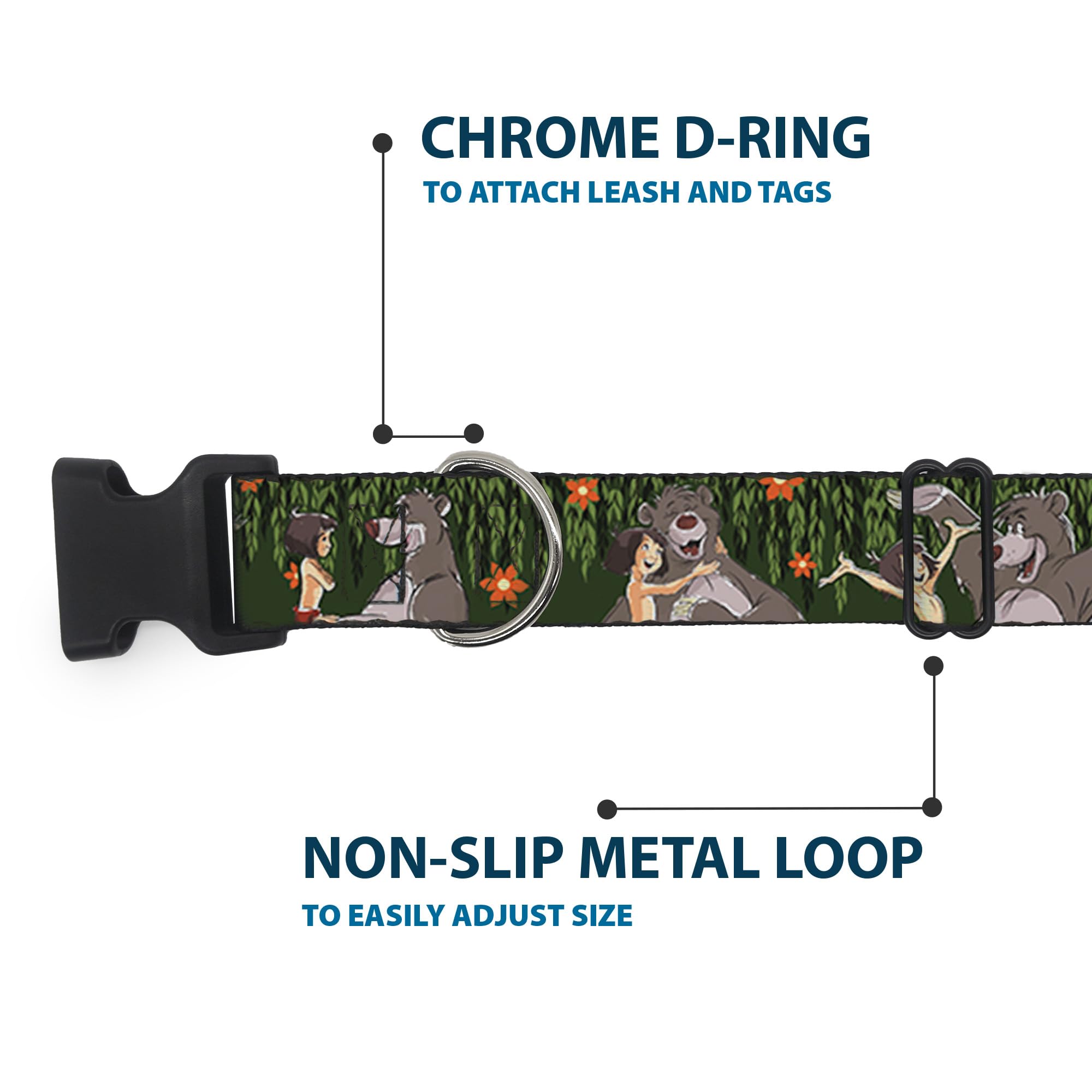 Buckle-Down Plastic Clip Collar - Mowgli & Baloo 3-Poses Leaves/Flowers Greens/Orange - 1/2' Wide - Fits 8-12' Neck - Medium