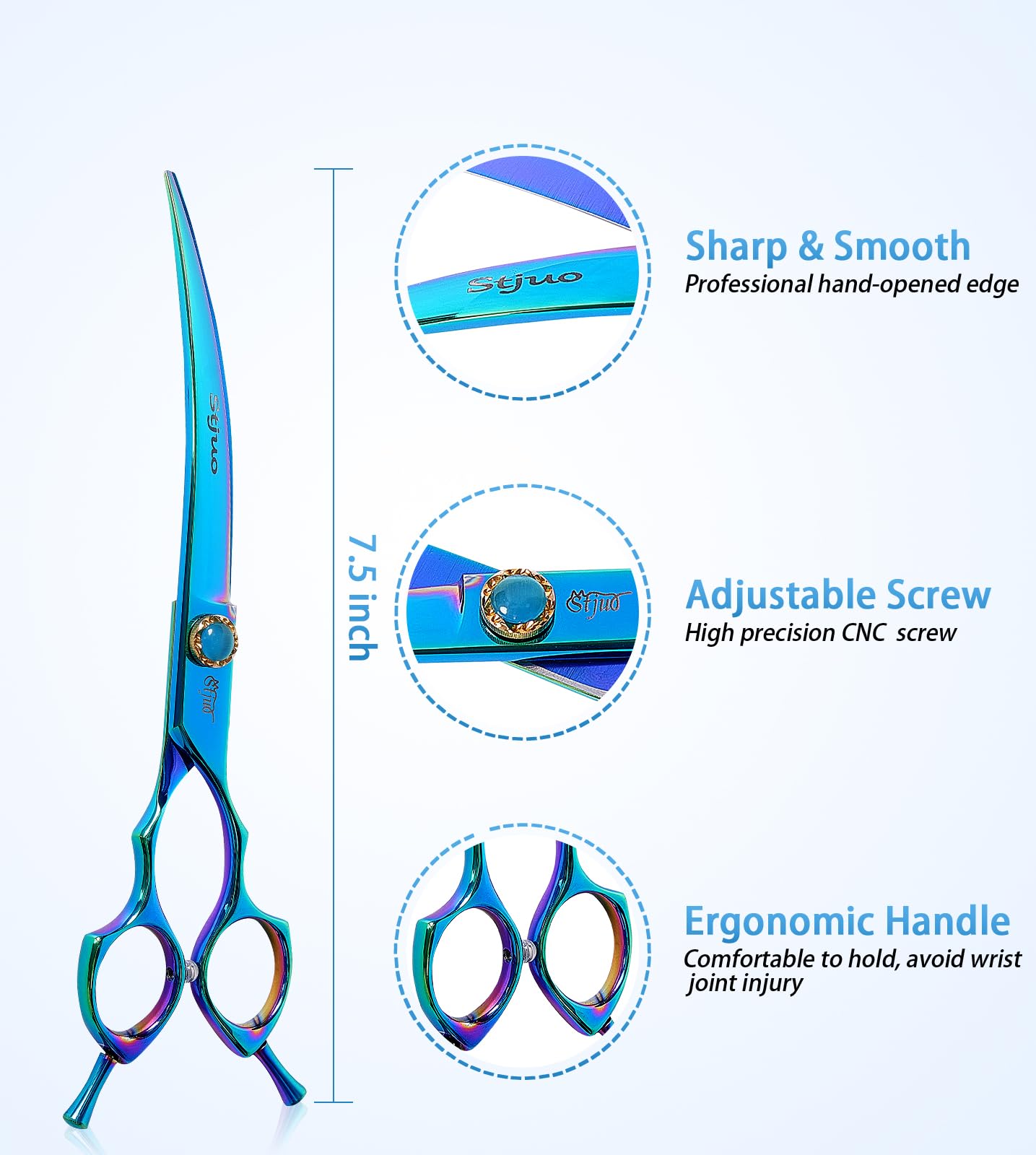 Stjuo 7.5'' Dog Curved Scissors For Grooming 440C Stainless Steel Green Professional Pet Trimming Scissors Sharp Blades Cutting
