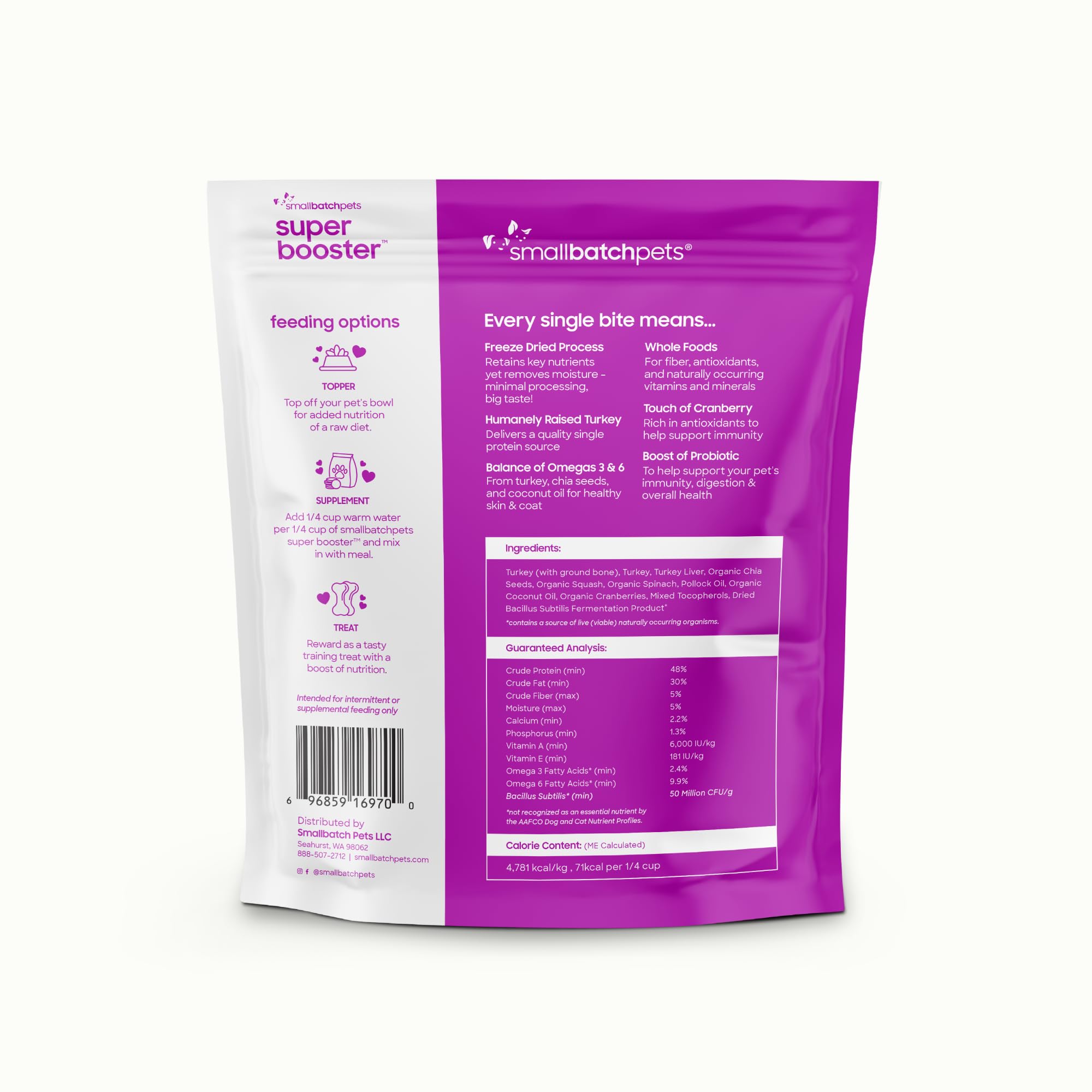smallbatch Pets Freeze-Dried Super Booster Turkey Bites for Dogs & Cats, 7 oz, Made in The USA, Organic Produce, Humanely Source