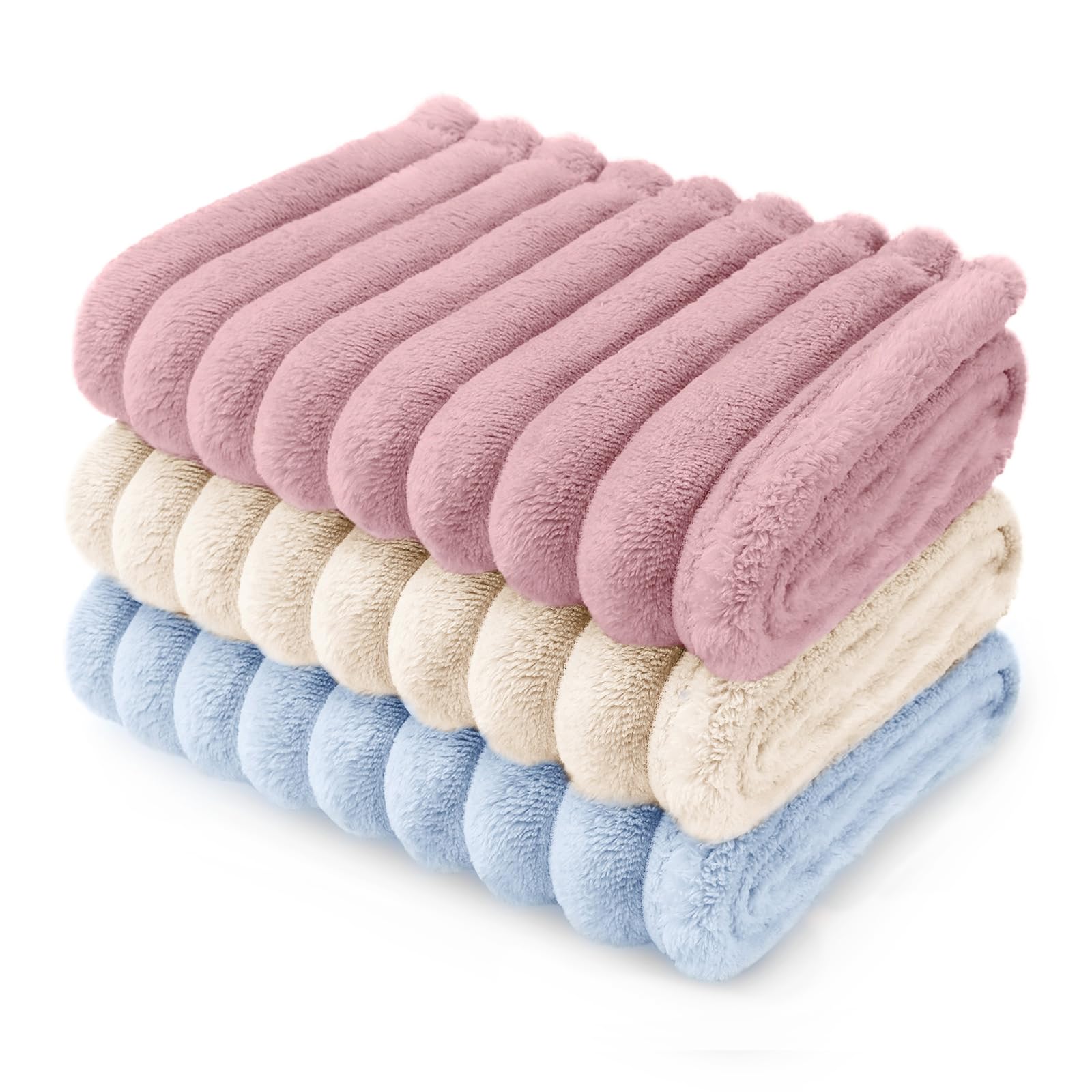 LINENLUX 1 Pack 3 Soft Dog Blanket Washable Warm Fleece Cat Blankets for Pet Puppy Fluffy Calming Flannel Pink/White/Blue Medium