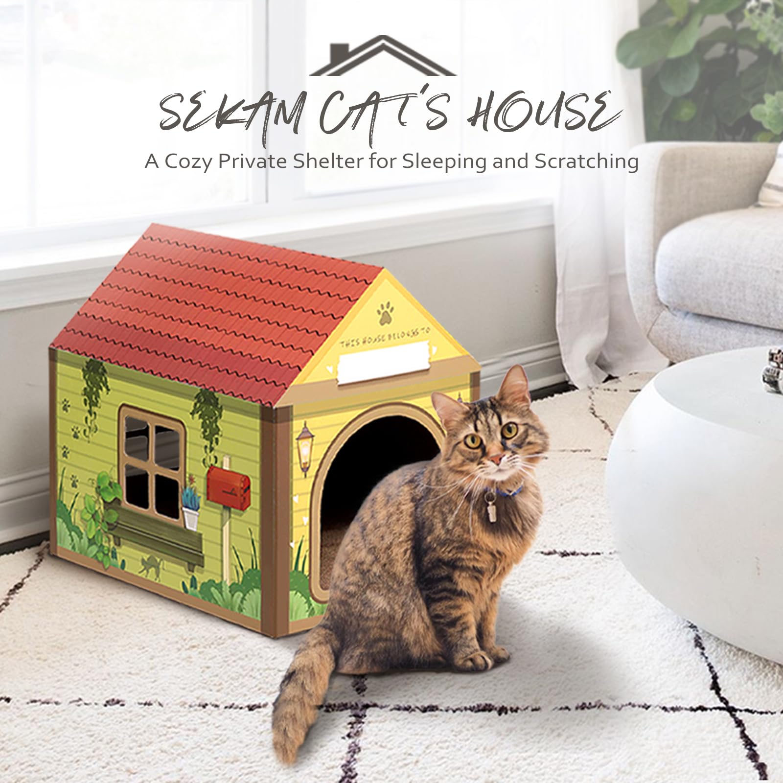 Sekam Cardboard Cat House With Scratcher/Catnip, (16.5''L X 12''W X 15''H) Cat Play House For Indoor Cats - Customized Name Space For Kitties, Arched Forest Cabin Cat Scratch Toy For Cat Birthday