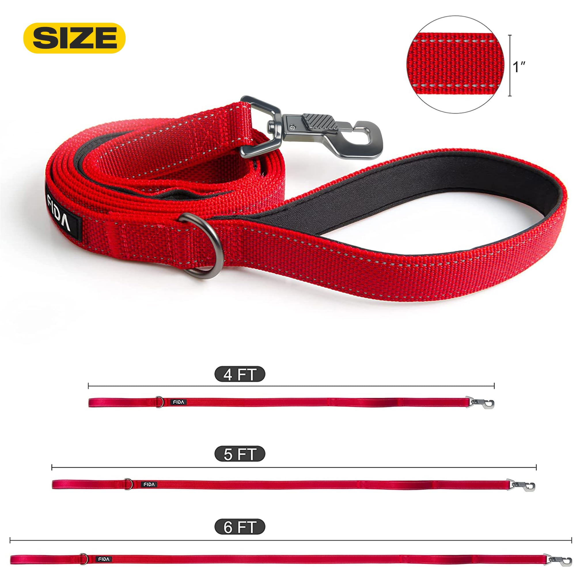 Fida Heavy Duty Dog Leash - 5 FT Nylon with Padded Handles, Reflective, Red