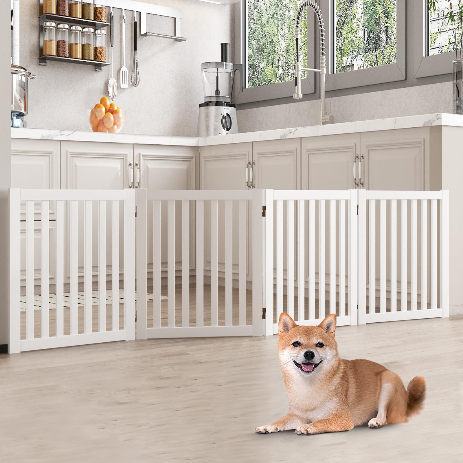 WELLAND Wooden Freestanding Pet Gate, 4 Panel 24 Inch Step Over Fence, Expands Up to 80 '' Wide, Foldable Indoor Dog Gate Puppy
