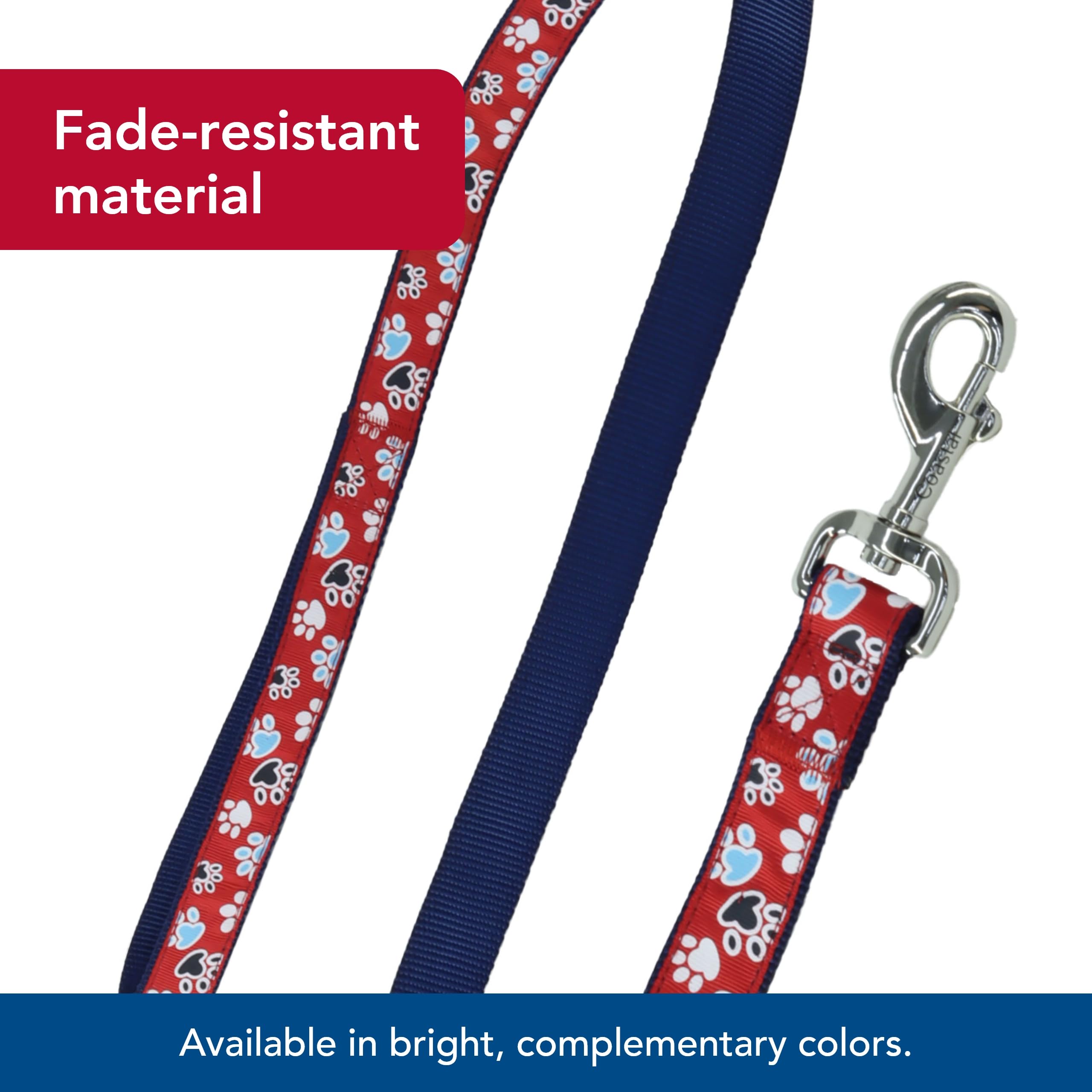 Coastal Pet Ribbon Dog Leash - Contemporary Stylish Look - Durable Fade-Resistant Nylon Material - Perfect For Dogs Red With Paws, 5/8' X 06'
